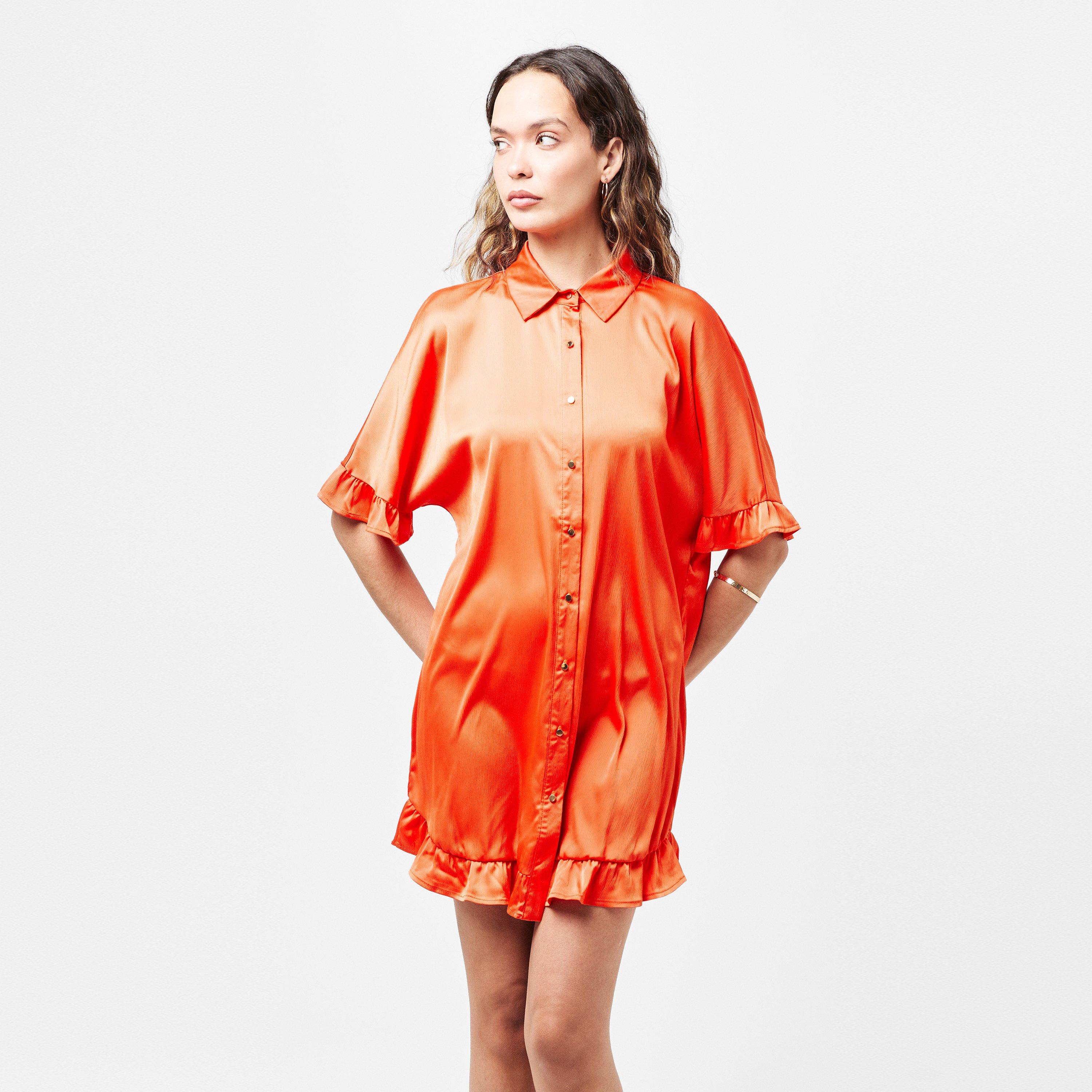 Orange - AX Paris - Frill Detail Gold Button Front Shirt Dress - 3