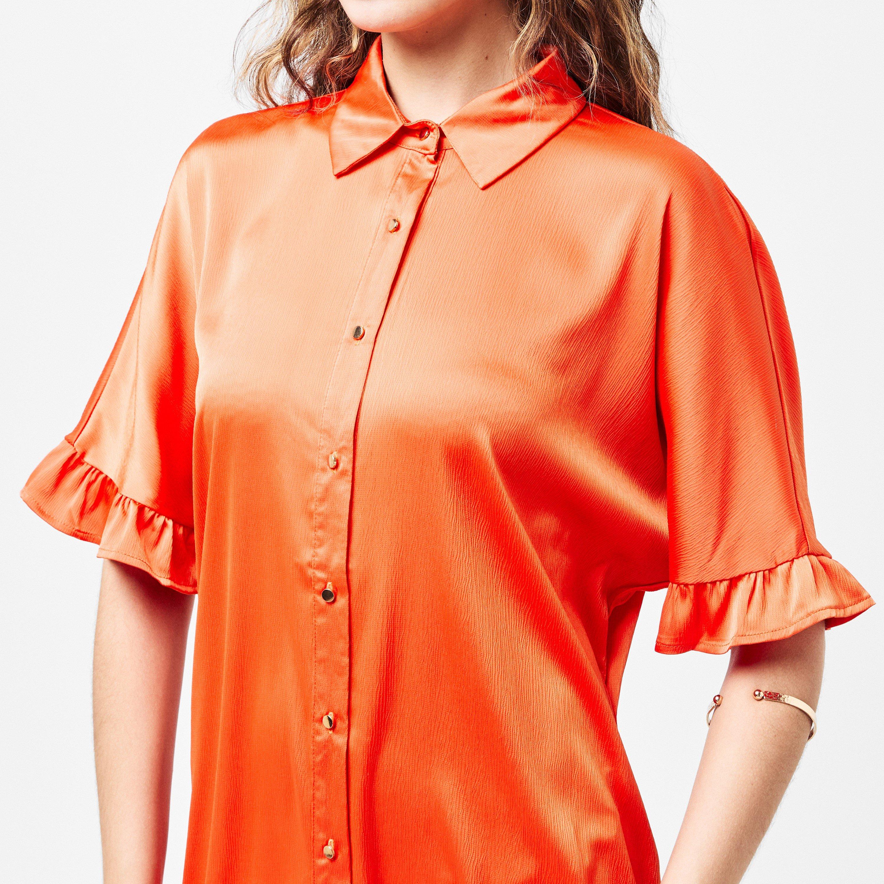 Orange - AX Paris - Frill Detail Gold Button Front Shirt Dress - 5