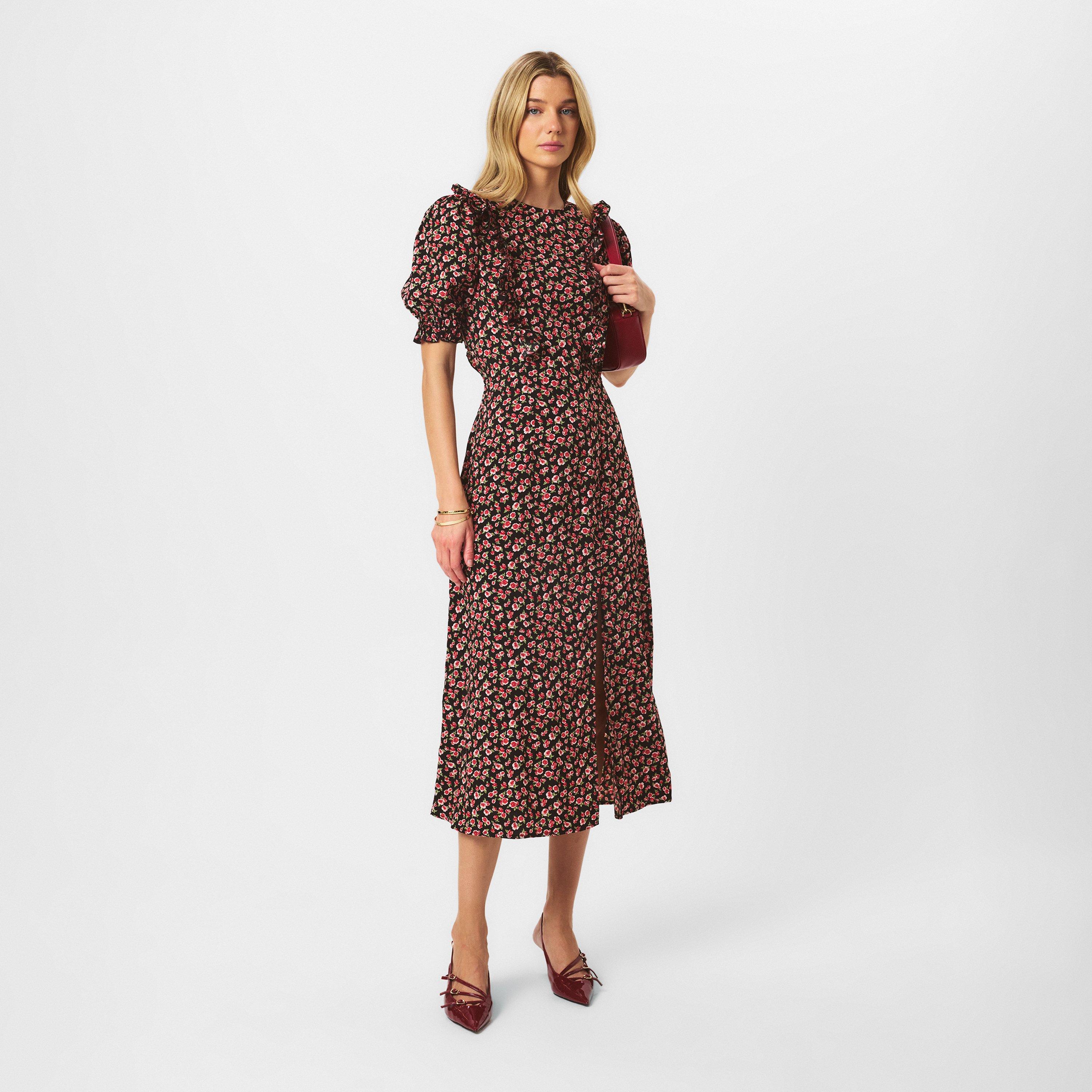 Multi - AX Paris - Multi Rose Printed Frill Detail Midi Dress - 6