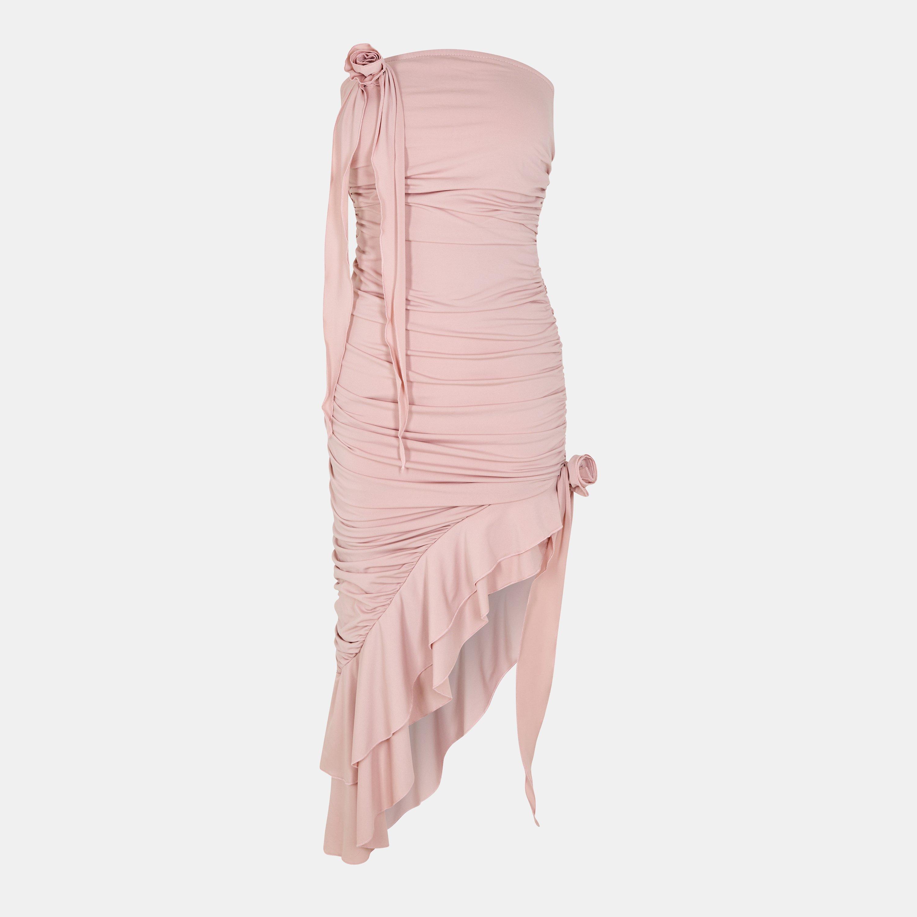 Nude - AX Paris - Nude Bandeau Ruched Asymmetrical Frill Midi Dress With Flower Detail - 1