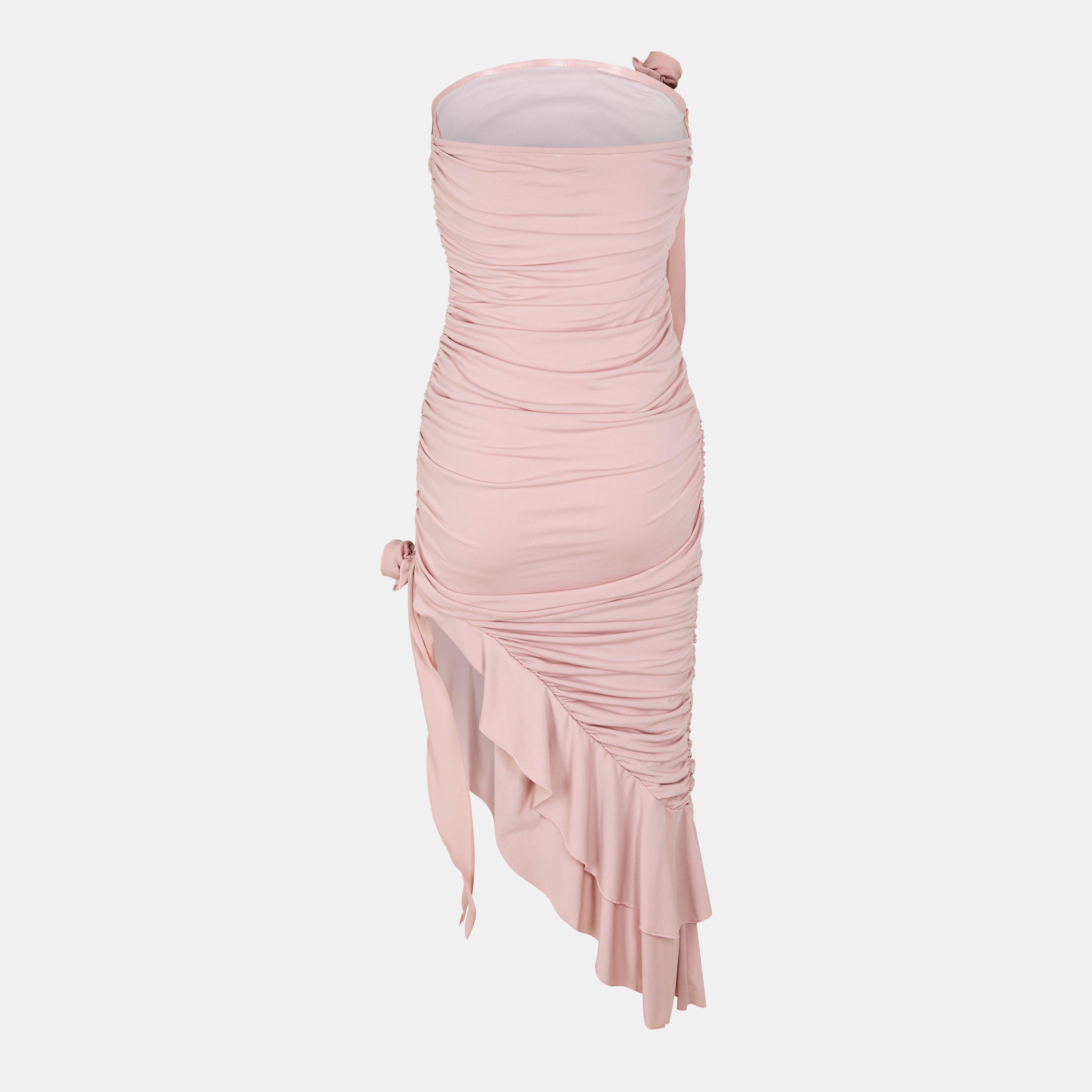 Nude - AX Paris - Nude Bandeau Ruched Asymmetrical Frill Midi Dress With Flower Detail - 2