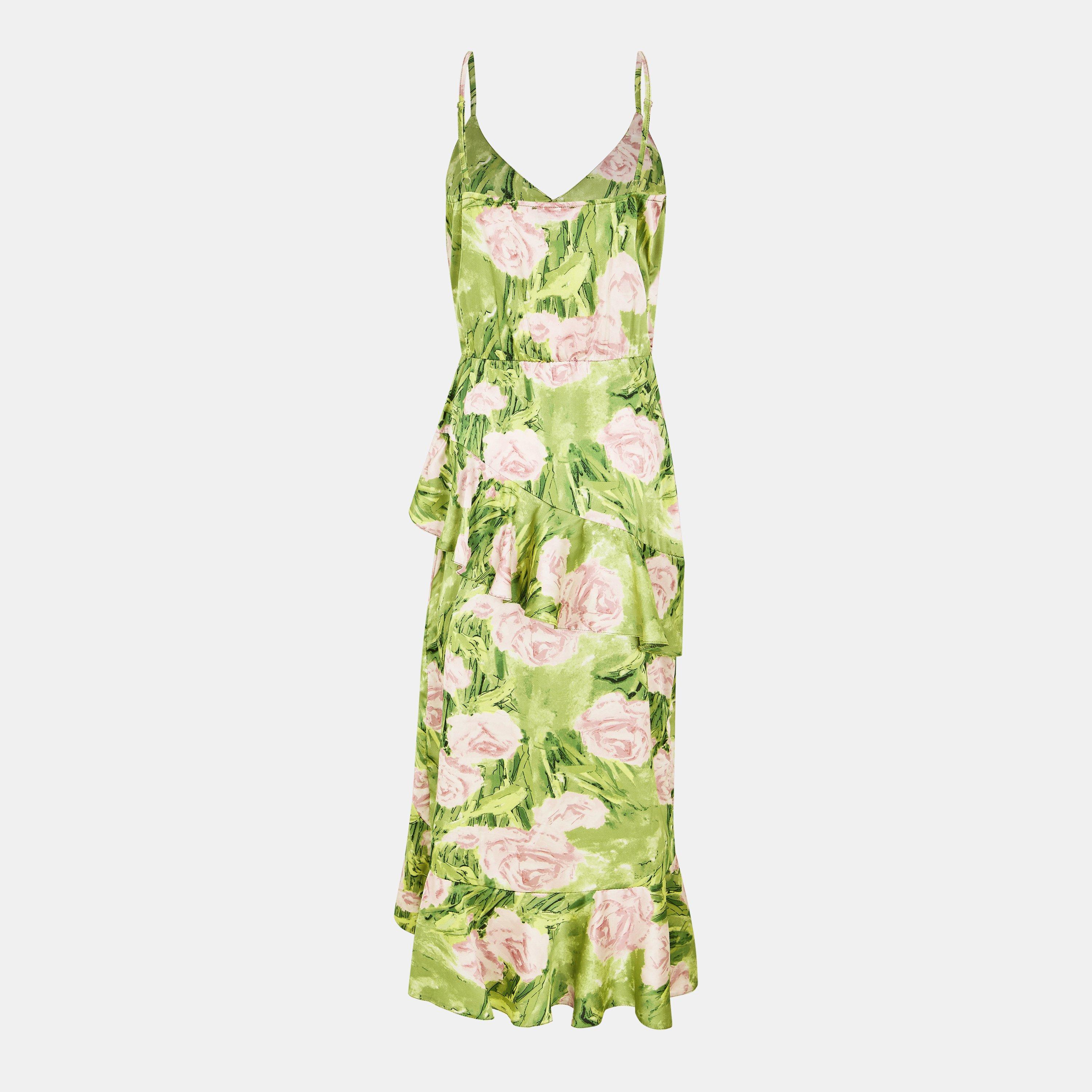 Green - AX Paris - Green Floral Satin Ruffle Midi Dress - 2