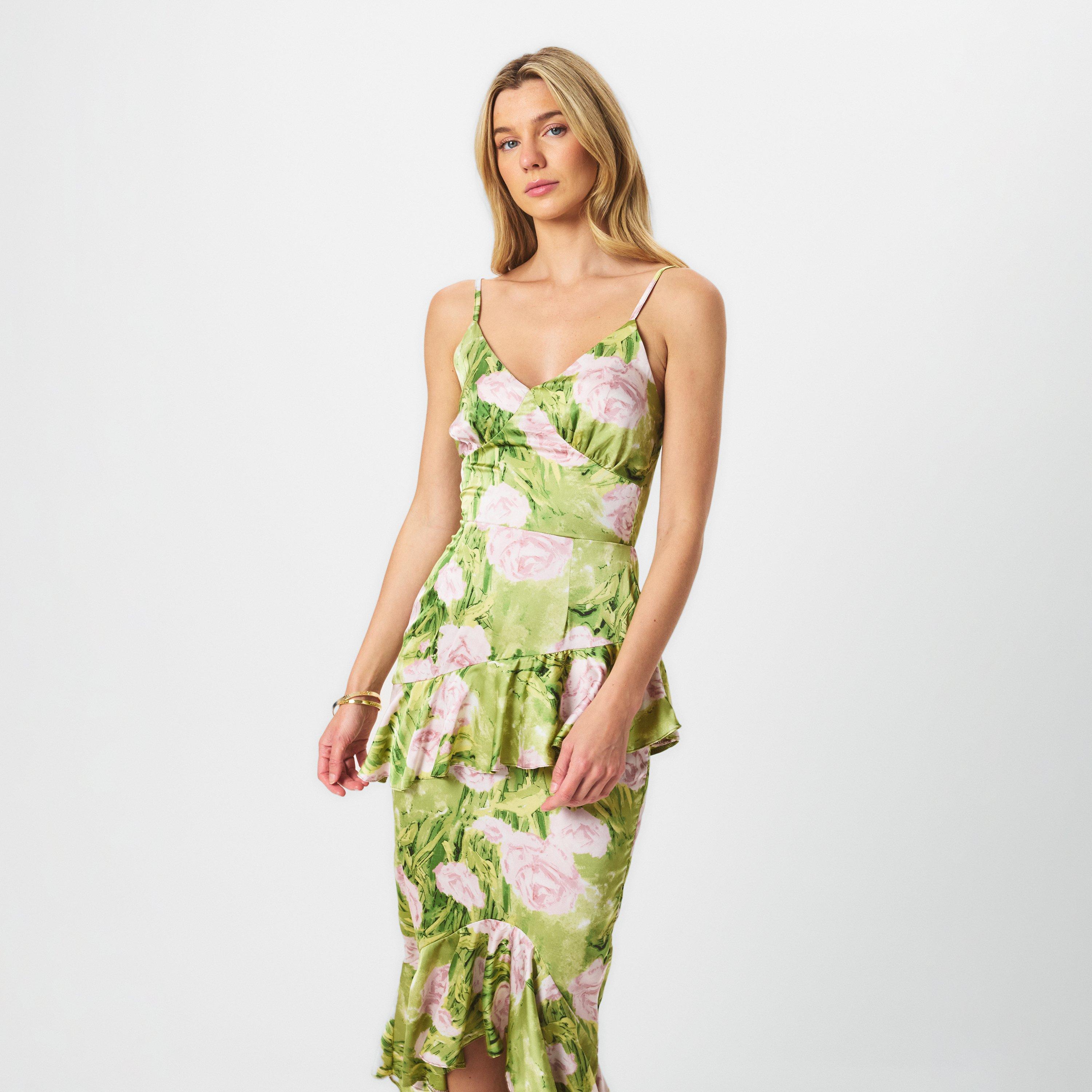 Green - AX Paris - Green Floral Satin Ruffle Midi Dress - 3