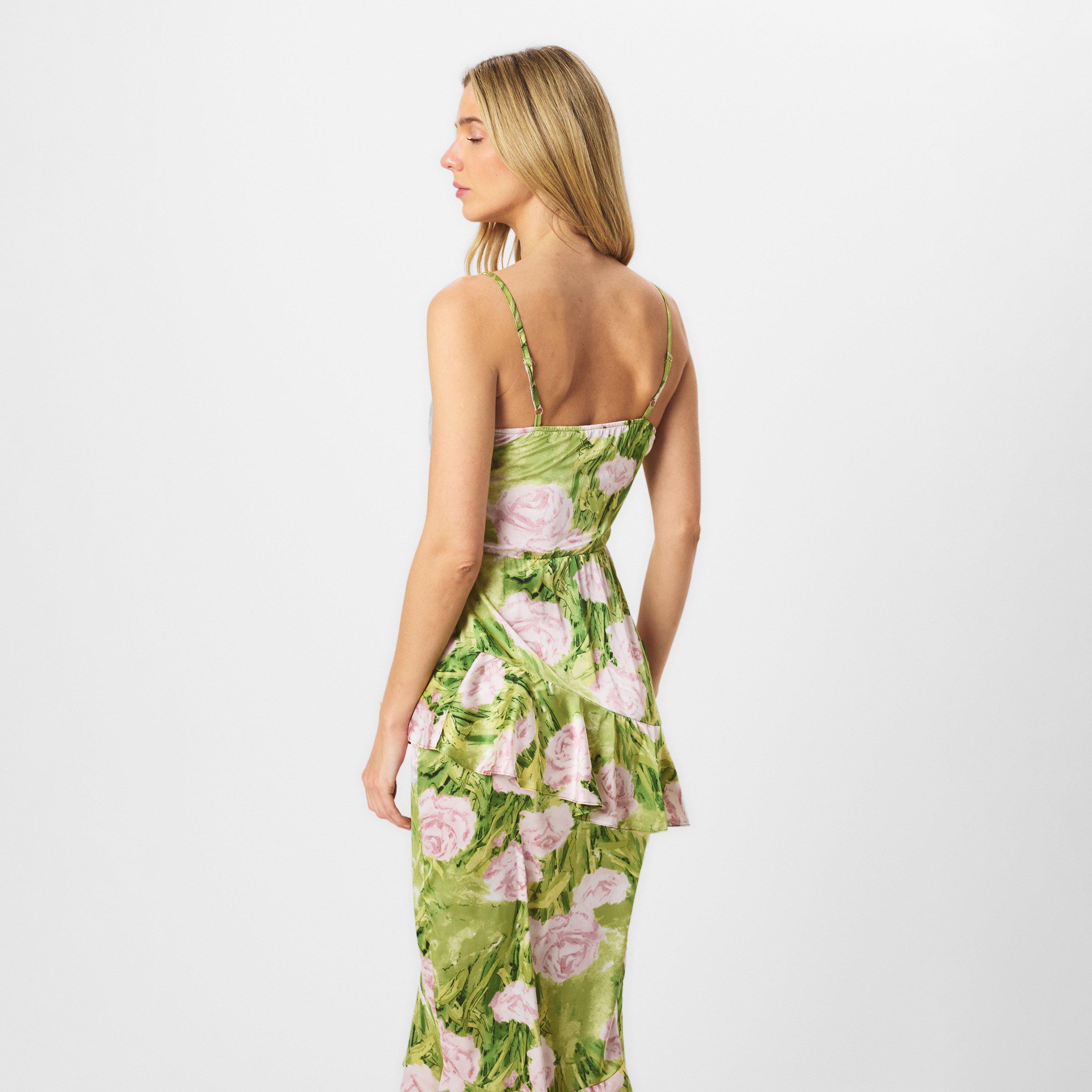 Green - AX Paris - Green Floral Satin Ruffle Midi Dress - 4