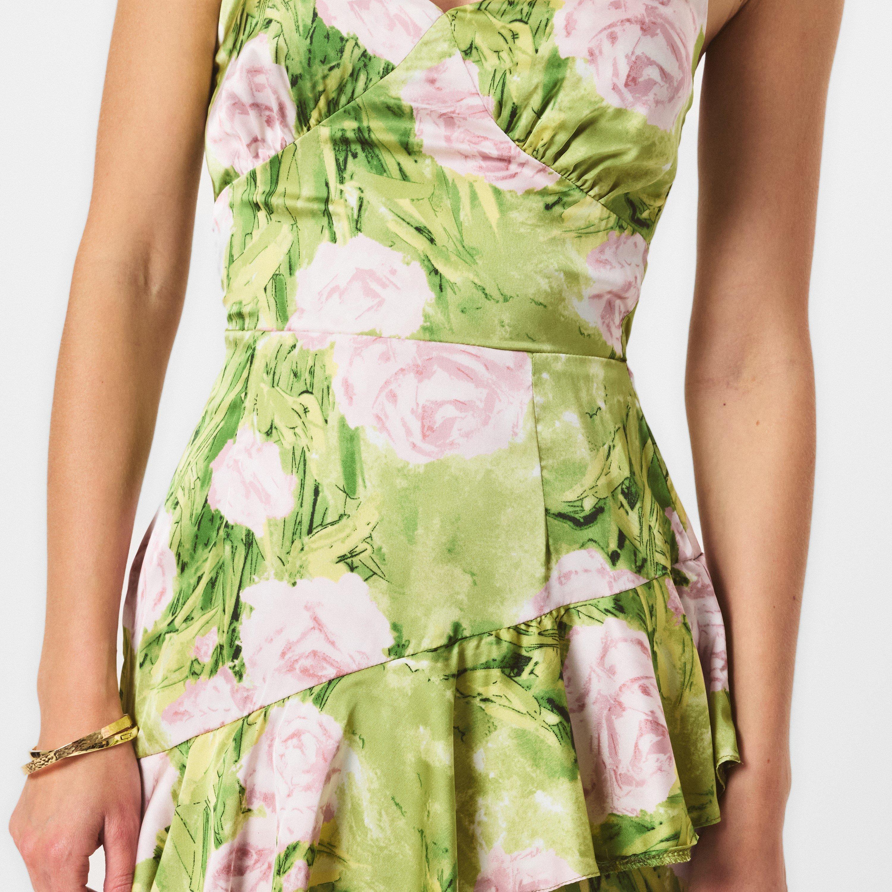 Green - AX Paris - Green Floral Satin Ruffle Midi Dress - 5