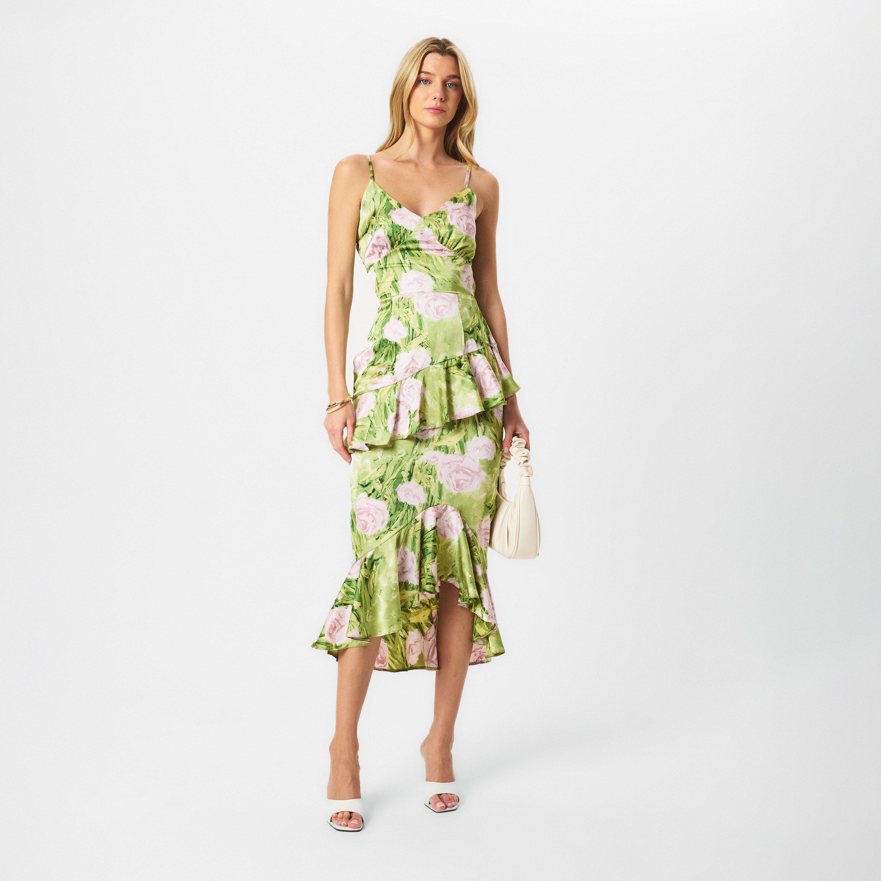 Green - AX Paris - Green Floral Satin Ruffle Midi Dress - 6