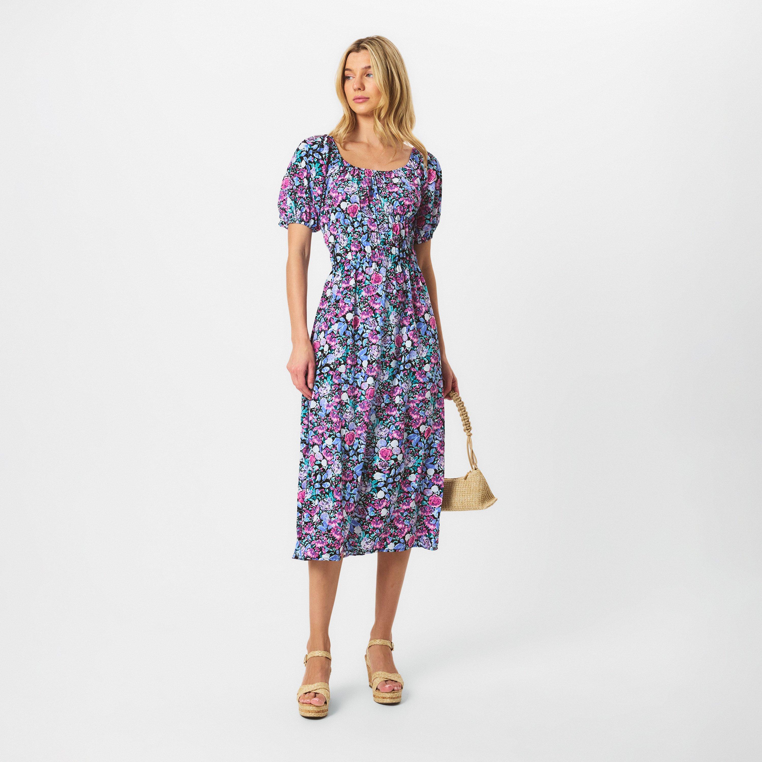 Multi - AX Paris - Lilac Floral Printed Puff Sleeve Midi Dress - 6