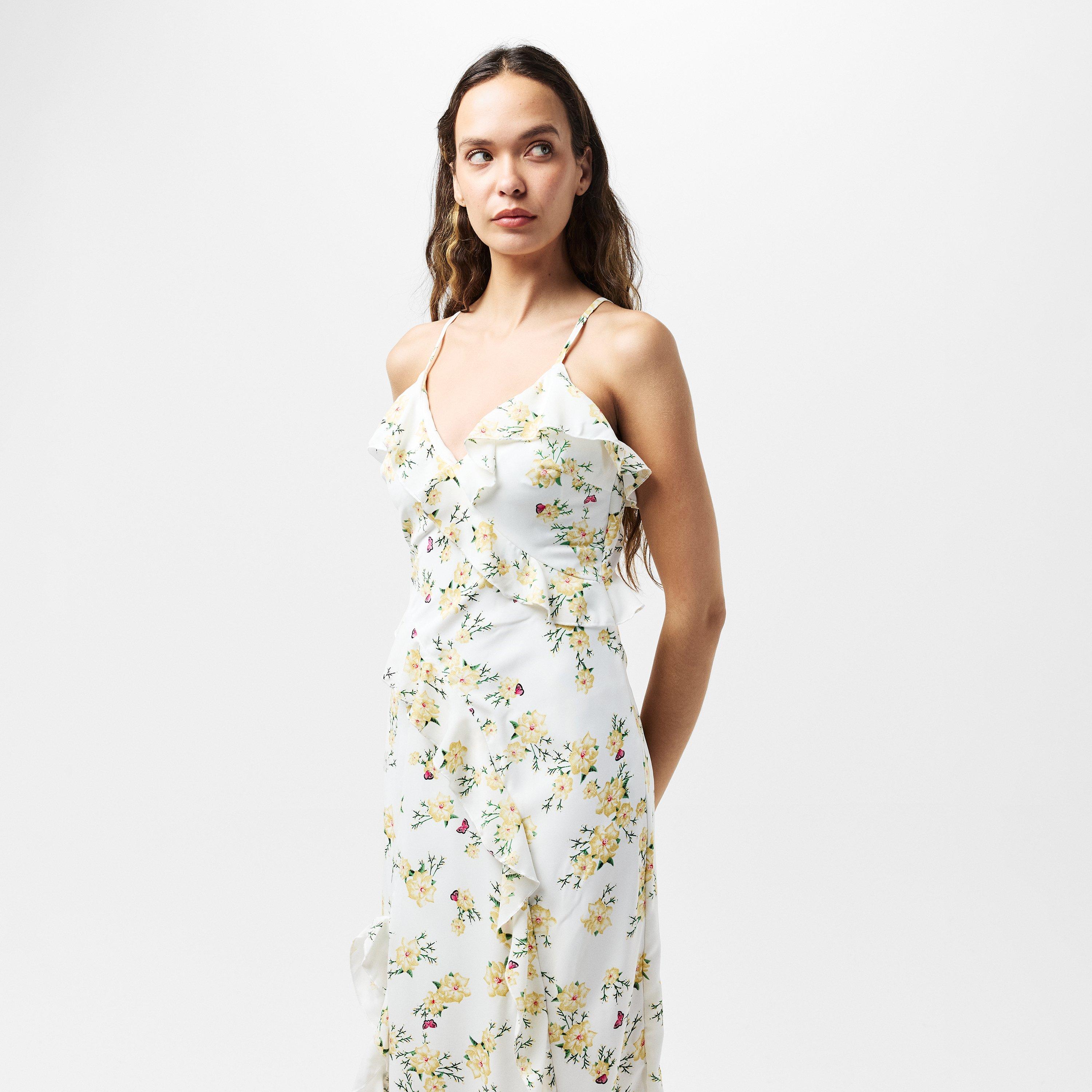 Cream - AX Paris - Cream Floral Printed Strappy Frill Hem Midi Dress - 3