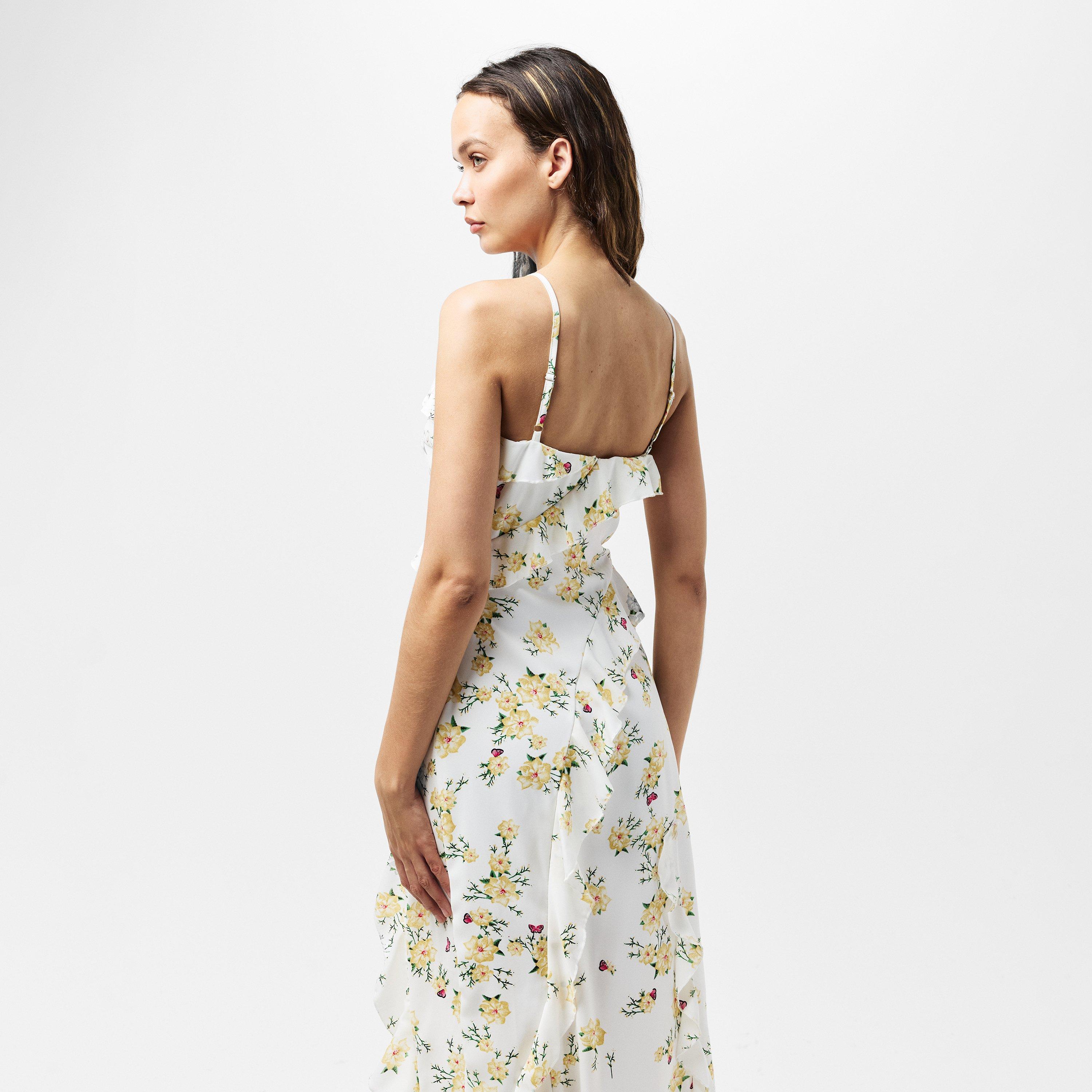 Cream - AX Paris - Cream Floral Printed Strappy Frill Hem Midi Dress - 4