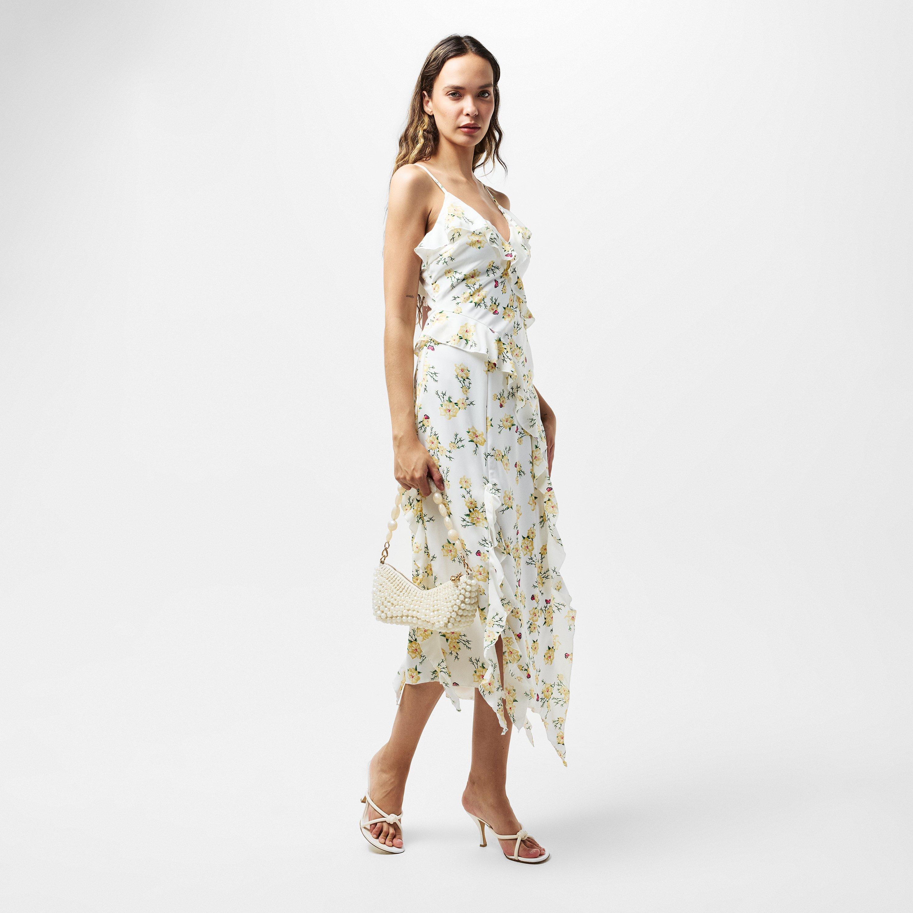 Cream - AX Paris - Cream Floral Printed Strappy Frill Hem Midi Dress - 6