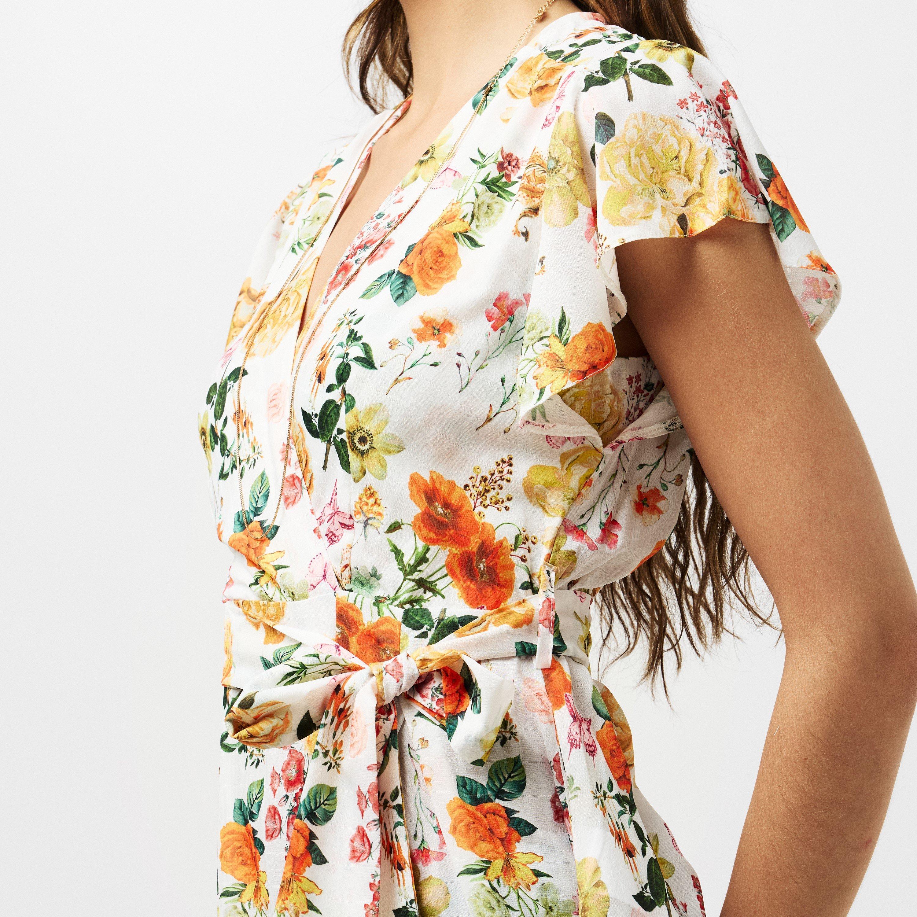 Cream - AX Paris - Cream Floral Print Short Sleeve Belted Wrap Midi Dress - 5