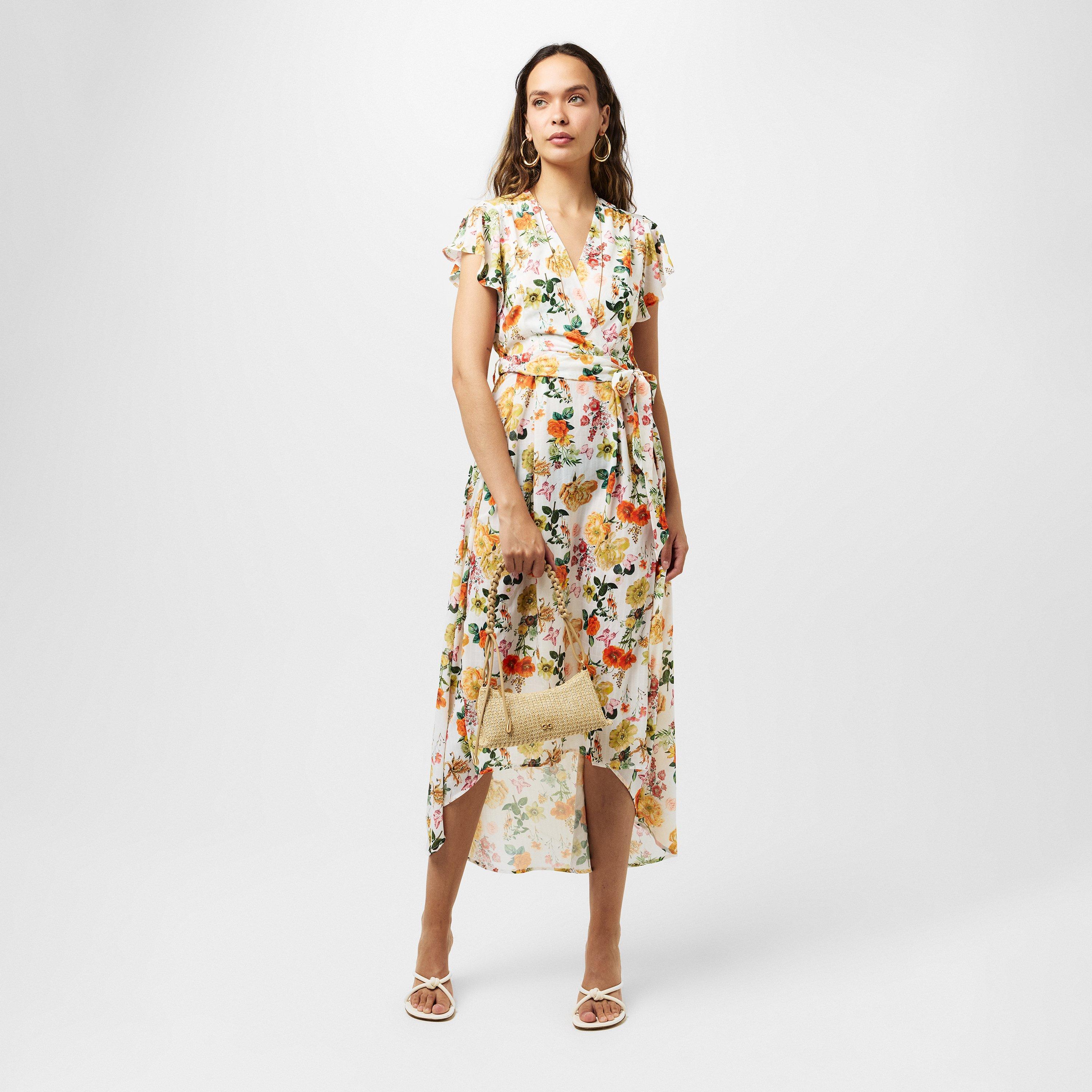 Cream - AX Paris - Cream Floral Print Short Sleeve Belted Wrap Midi Dress - 6