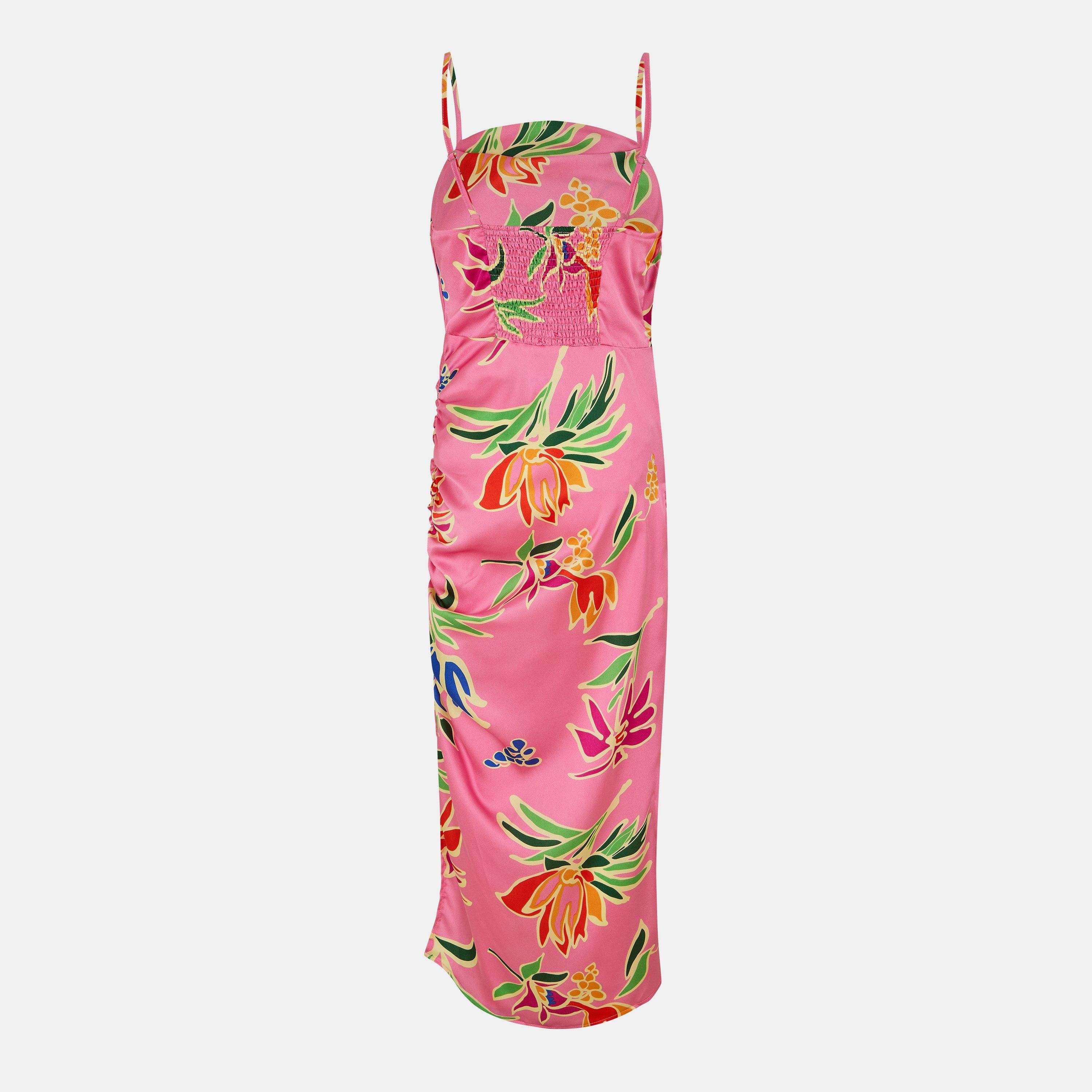 Pink - AX Paris - Pink Tropical Print Cowl Neck Ruched Side Strappy Midi Dress - 2