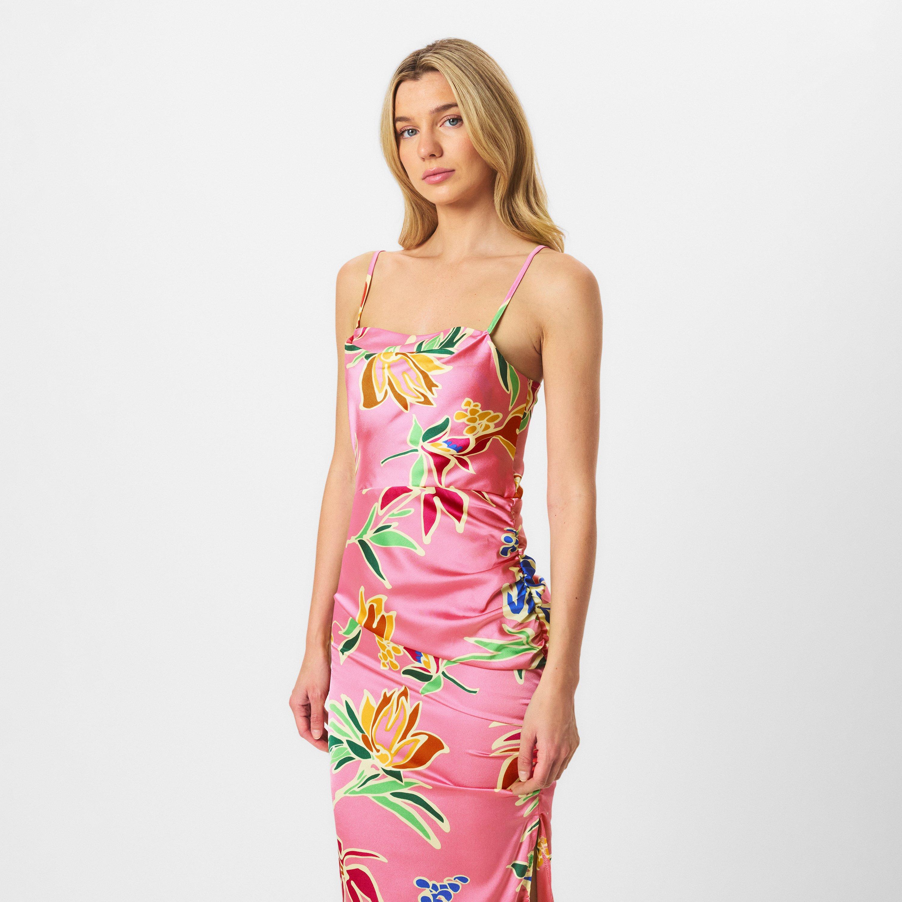 Pink - AX Paris - Pink Tropical Print Cowl Neck Ruched Side Strappy Midi Dress - 3