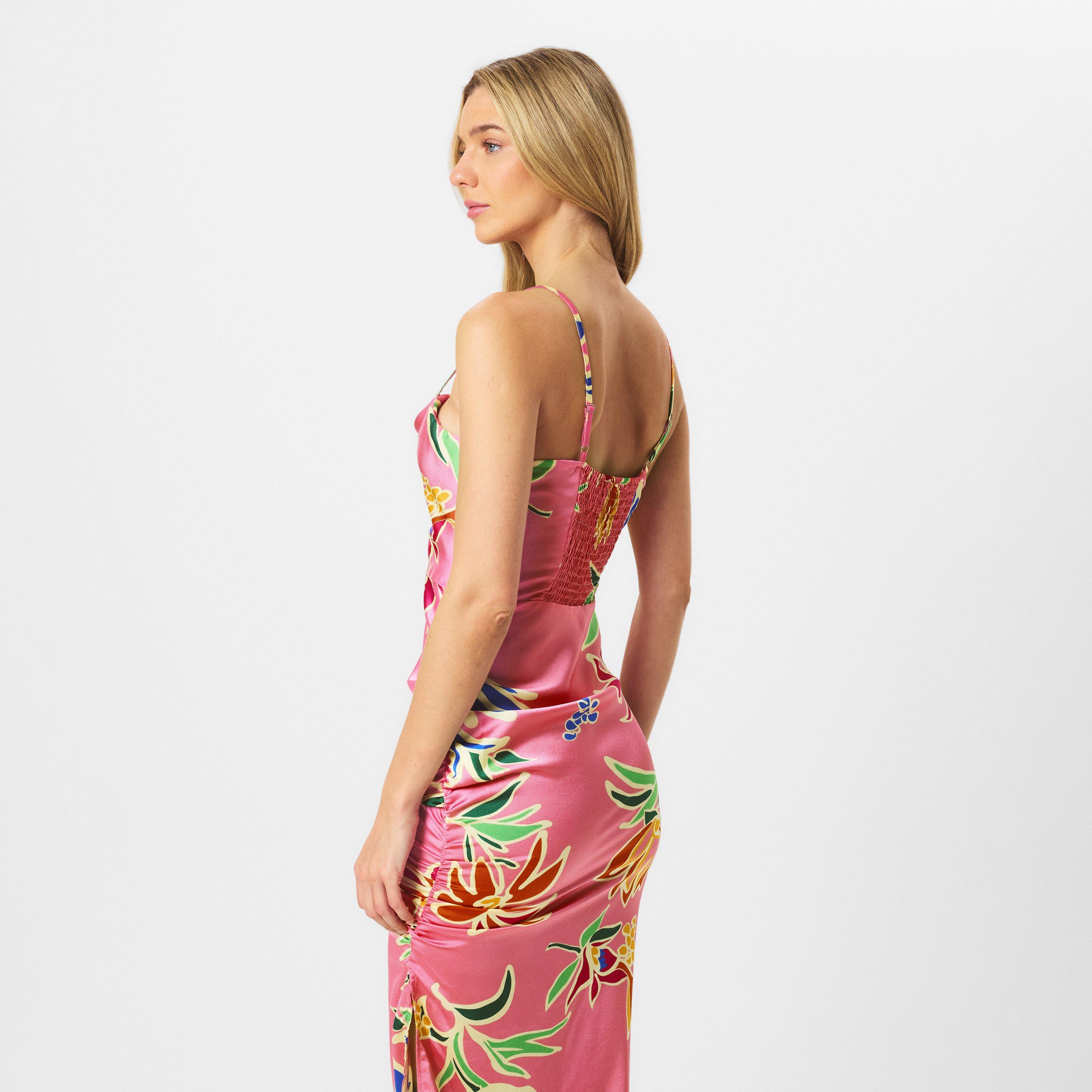 Pink - AX Paris - Pink Tropical Print Cowl Neck Ruched Side Strappy Midi Dress - 4