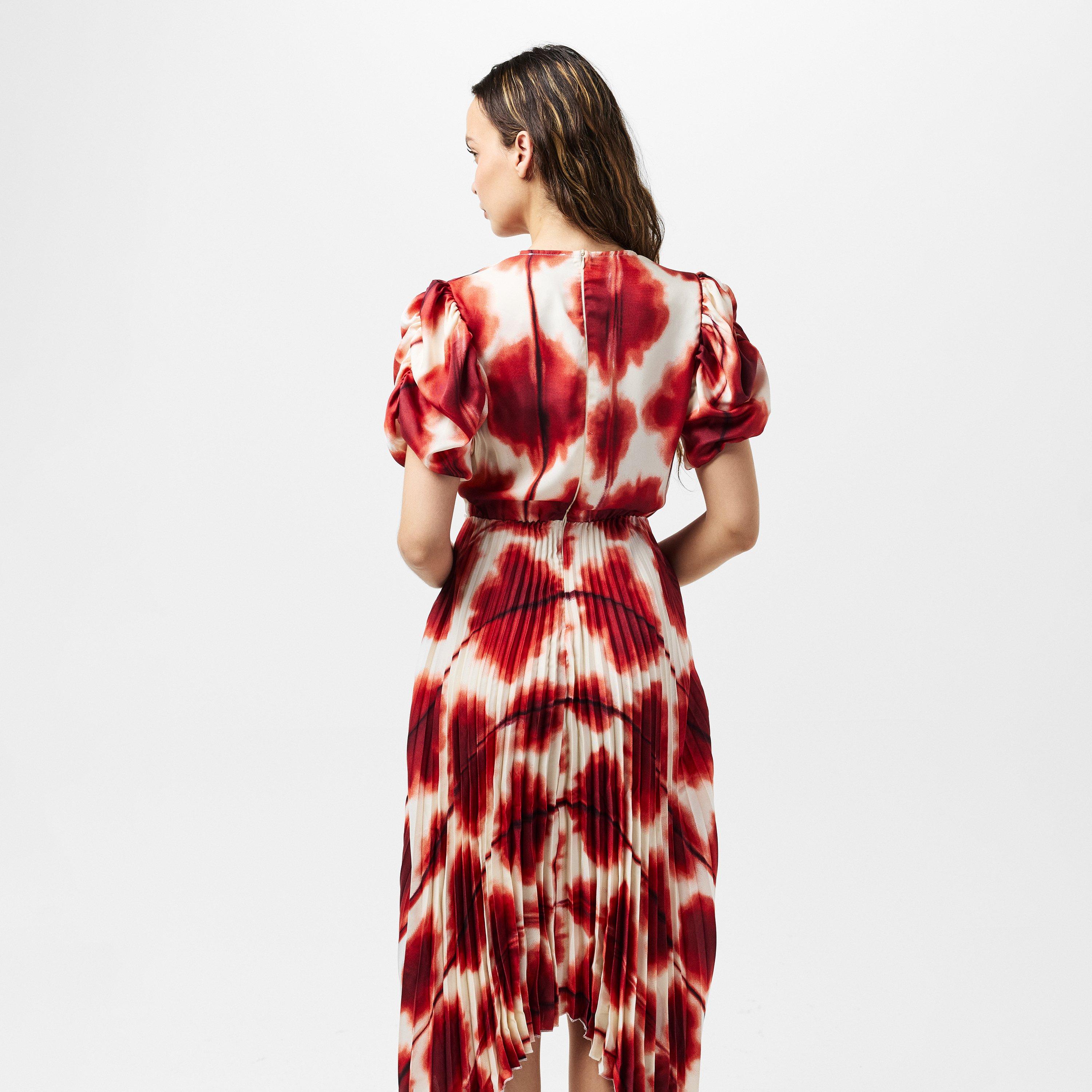 Multi - AX Paris - Rust Printed Puff Sleeve Zag Hem Pleated Midi Dress - 4