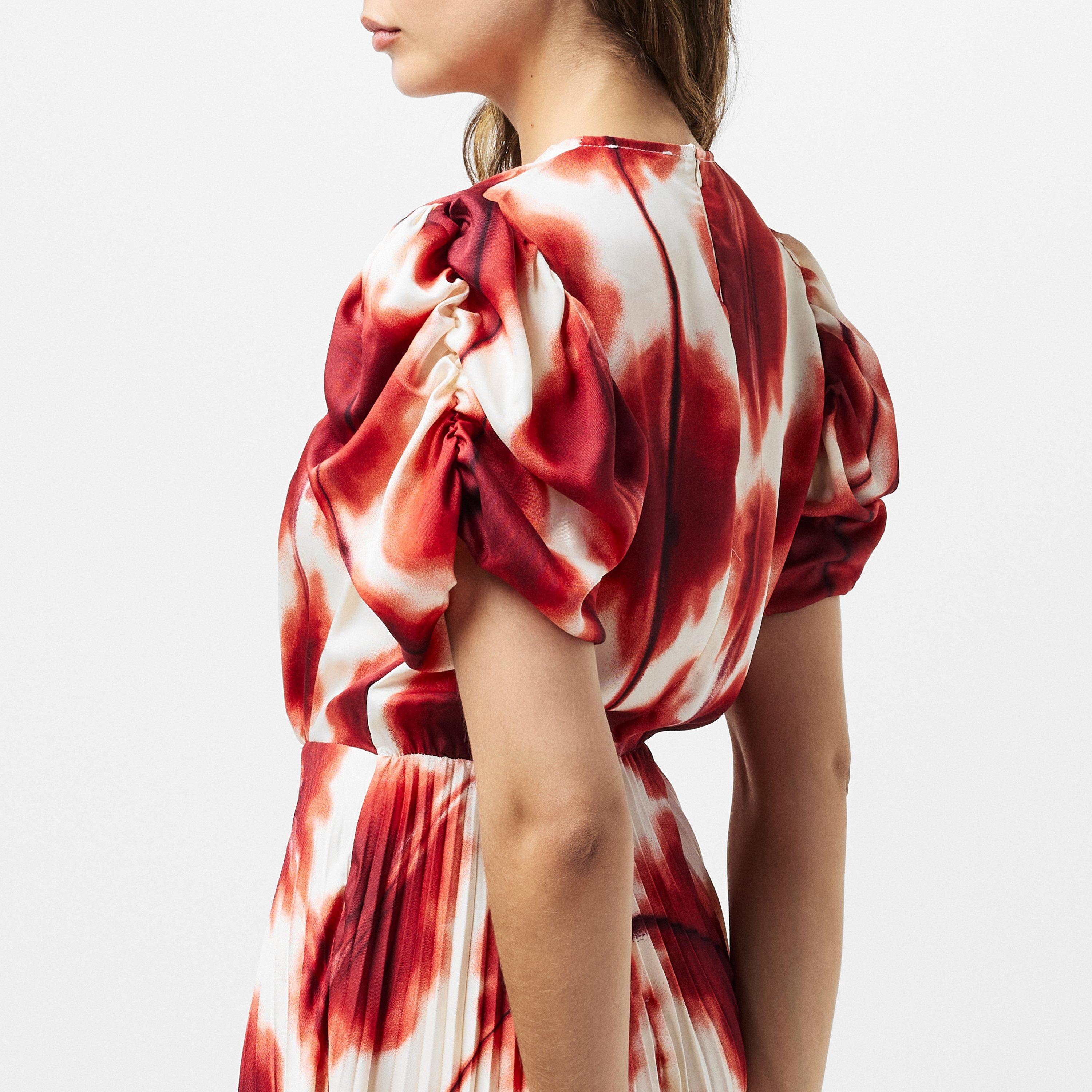 Multi - AX Paris - Rust Printed Puff Sleeve Zag Hem Pleated Midi Dress - 5