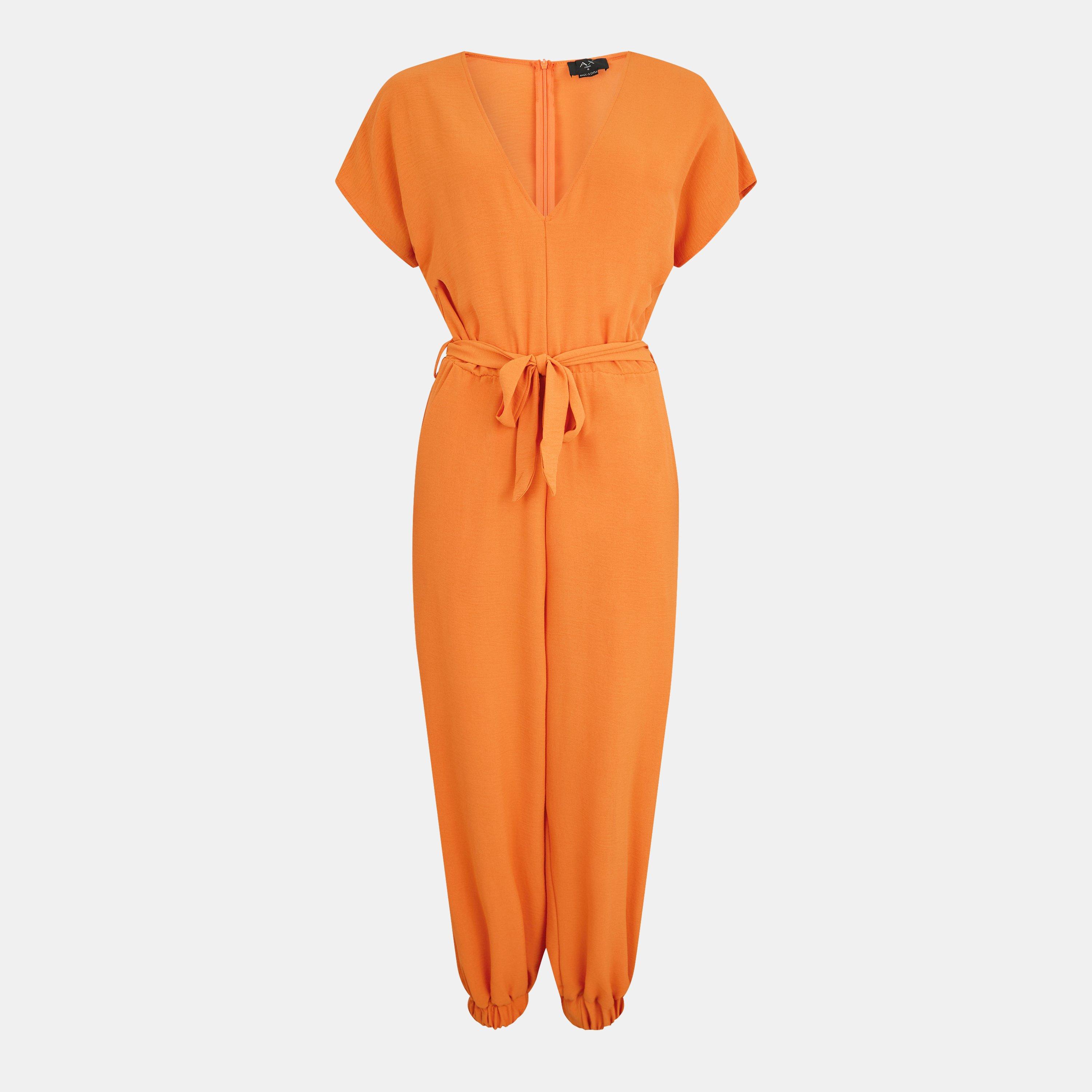 Orange - AX Paris - V Neck Short Sleeve Belted Elasticated Cuff Jumpsuit - 1