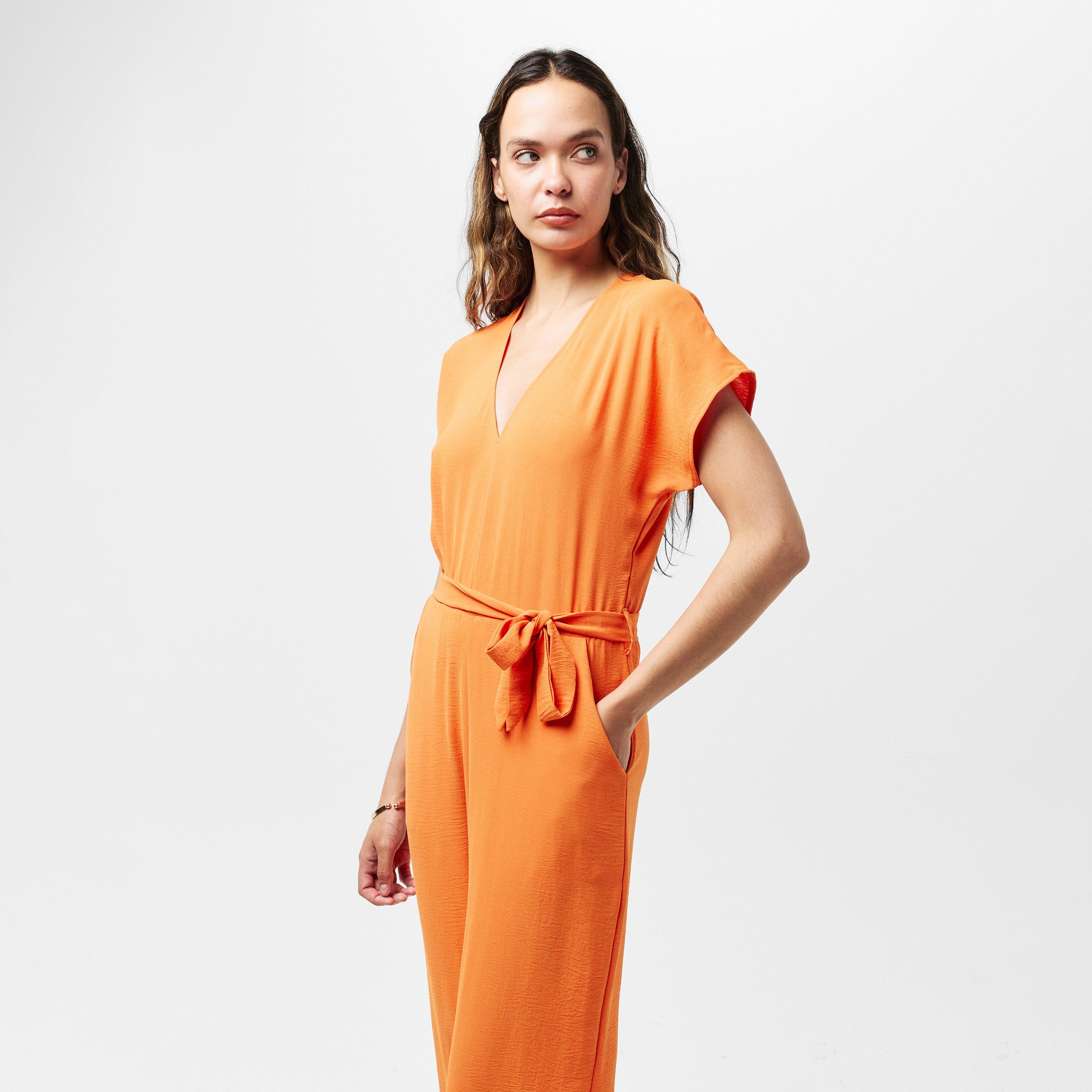 Orange - AX Paris - V Neck Short Sleeve Belted Elasticated Cuff Jumpsuit - 3