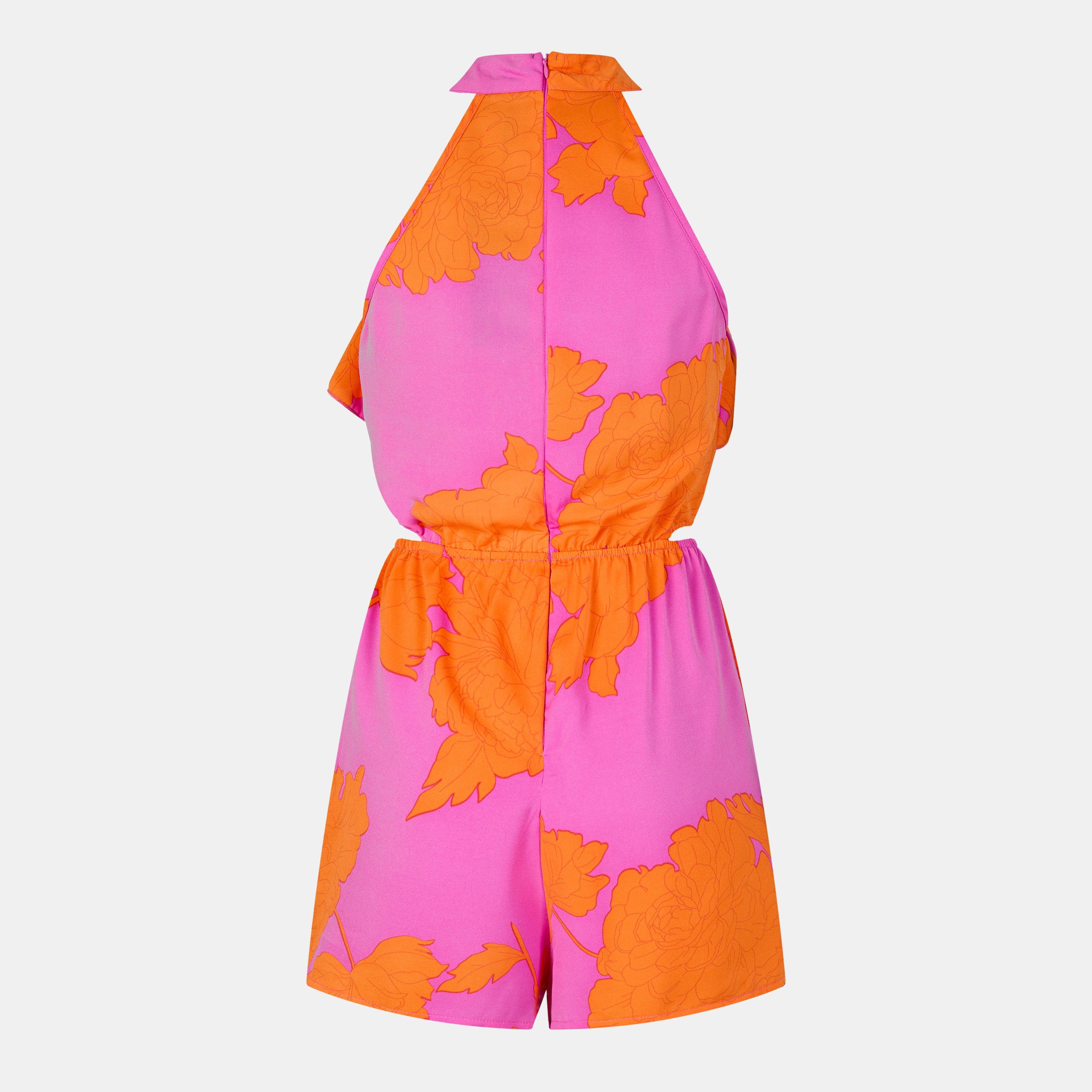 Pink - AX Paris - Pink and Orange Floral Cut Out Waist Playsuit - 2
