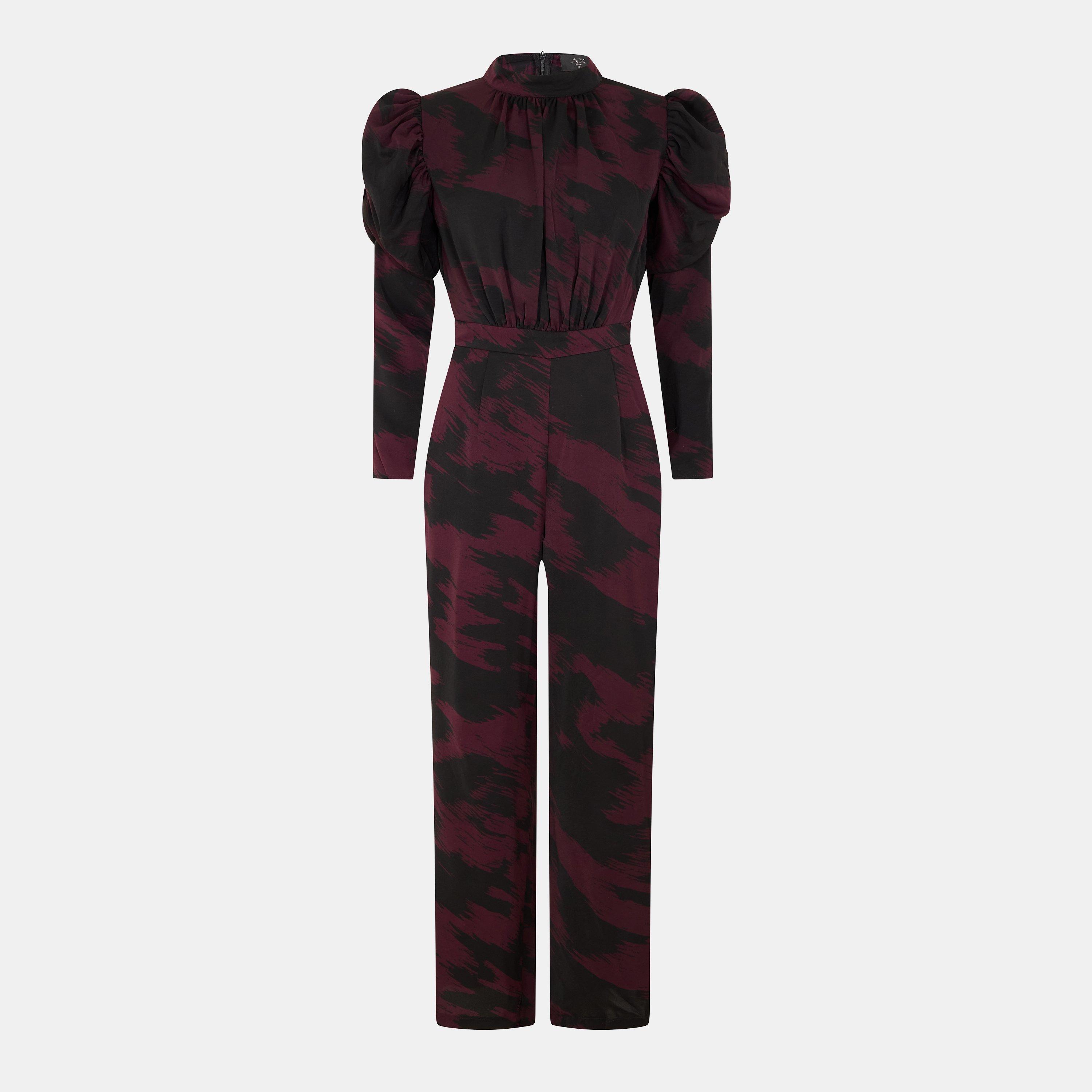 Red - AX Paris - Wine Printed High Neck Puff Sleeve Jumpsuit - 1