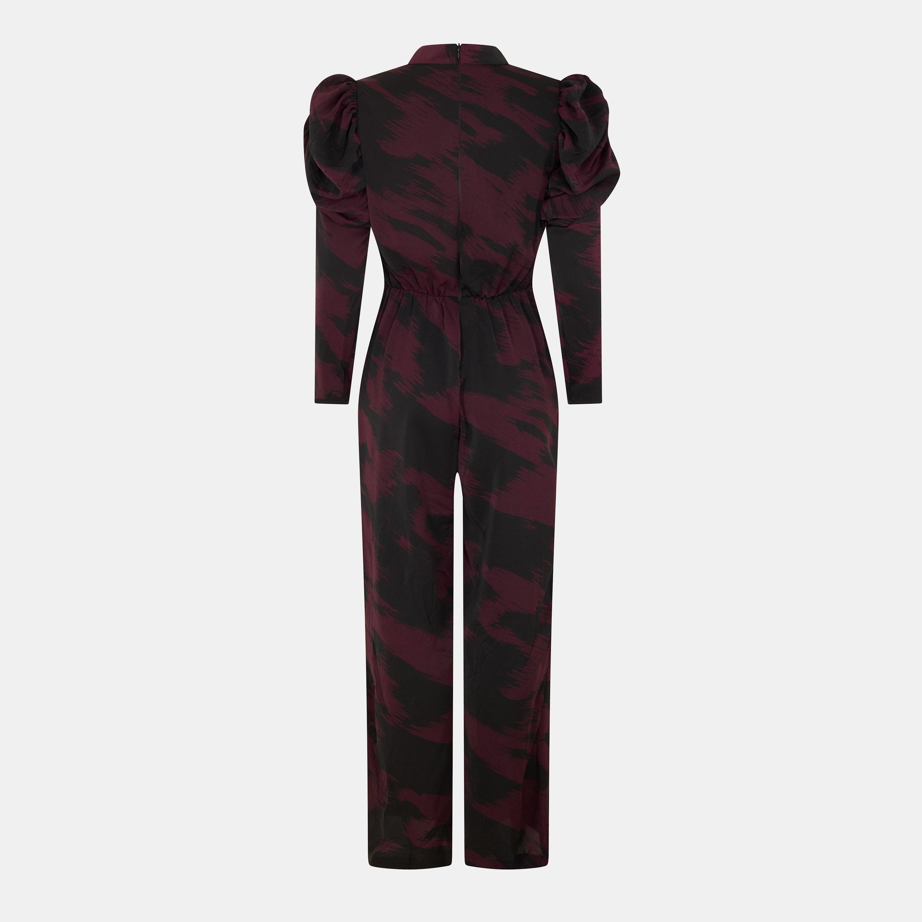 Red - AX Paris - Wine Printed High Neck Puff Sleeve Jumpsuit - 2