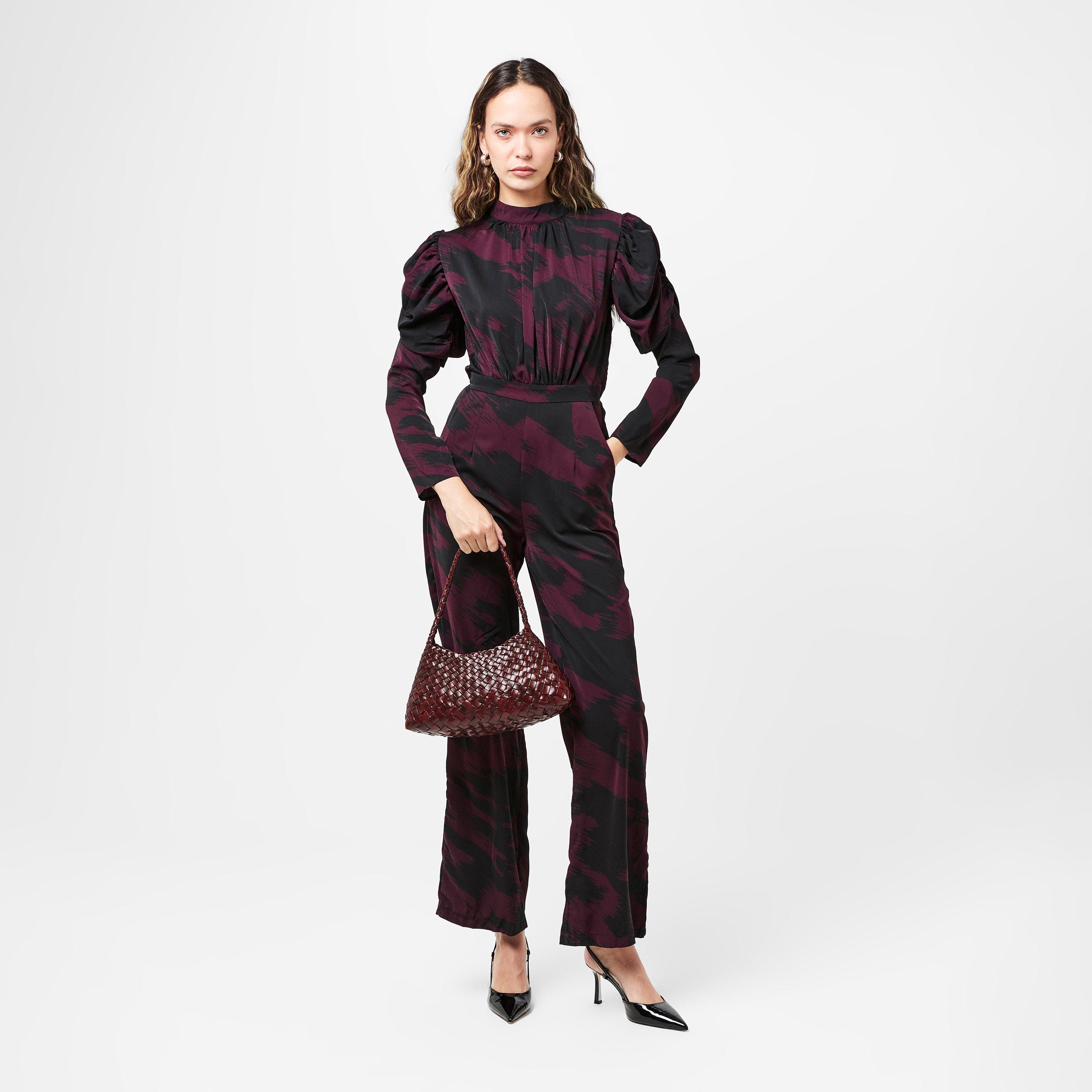 Red - AX Paris - Wine Printed High Neck Puff Sleeve Jumpsuit - 6