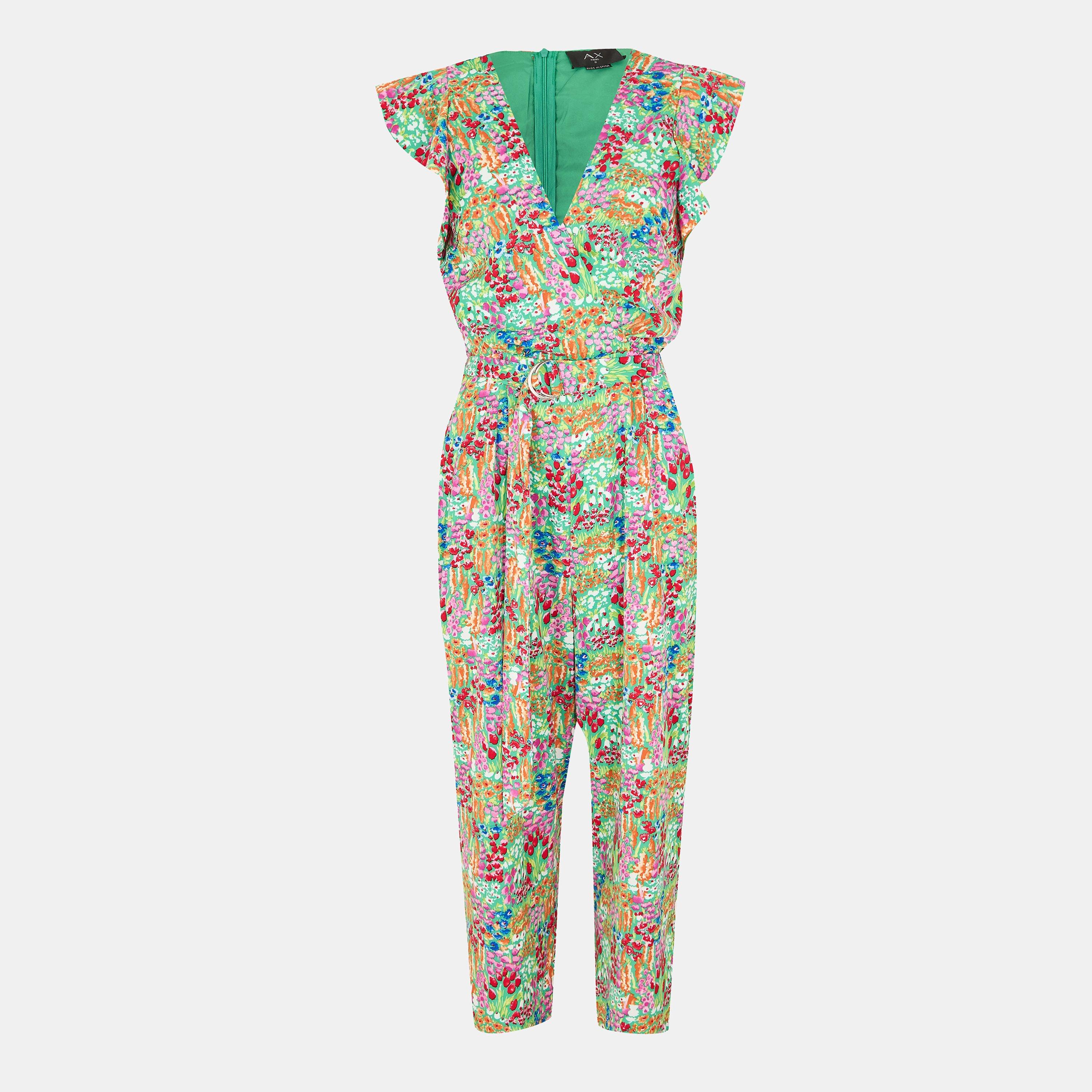 Ax Paris Women's Floral Print V Neck Belted Jumpsuit  - 10 (S)