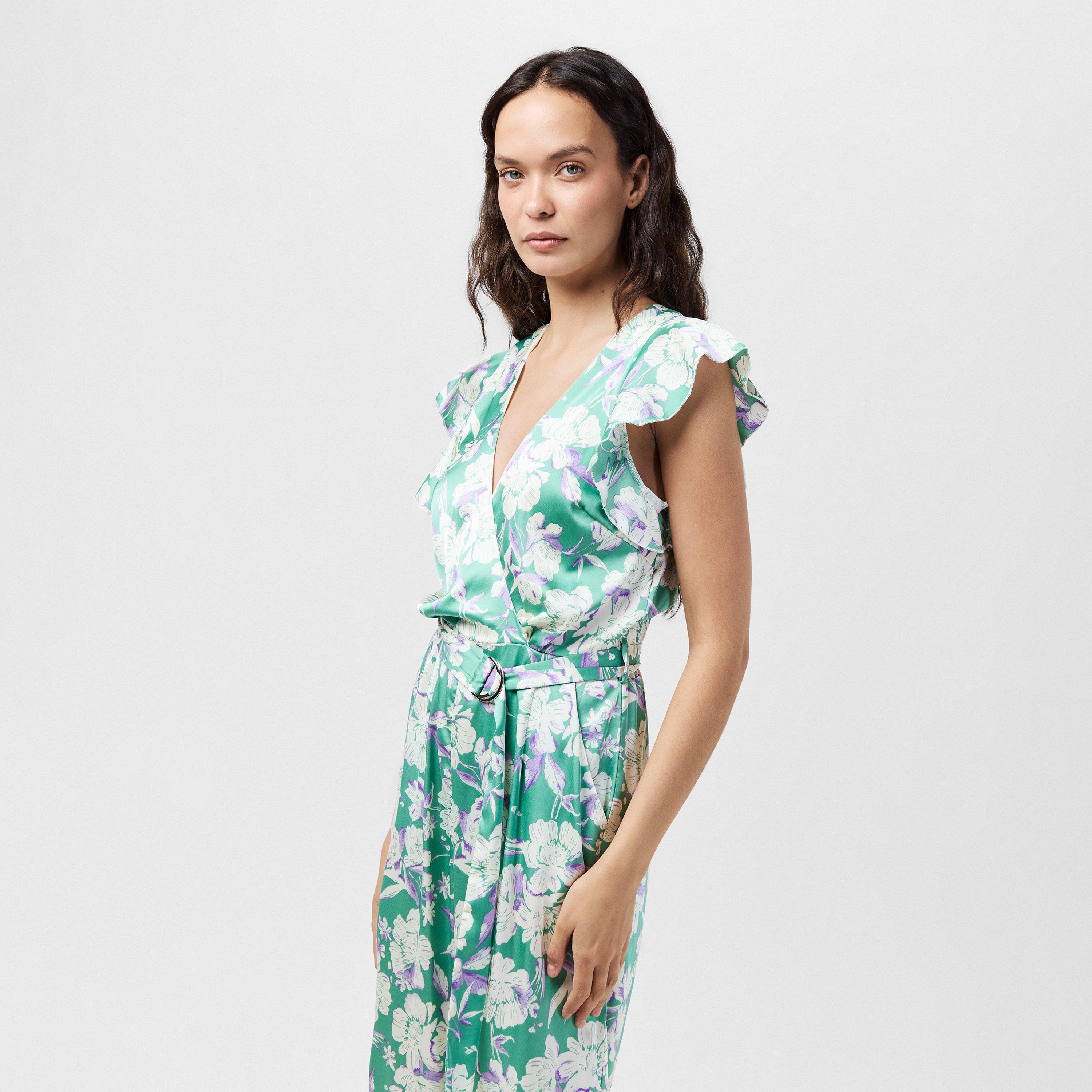 Green - AX Paris - Green Printed Wrap Front Frill Sleeve Belted Jumpsuit - 2