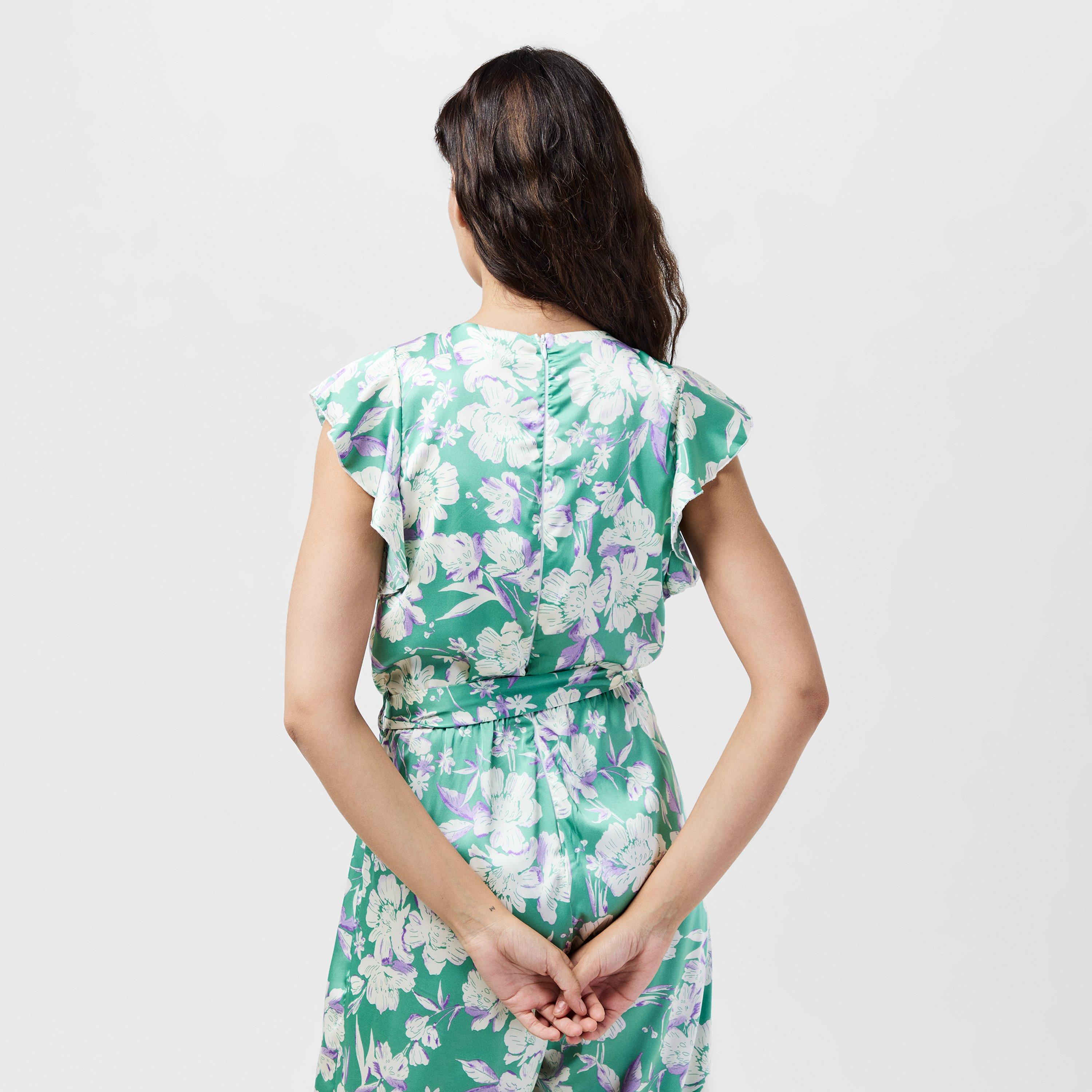 Green - AX Paris - Green Printed Wrap Front Frill Sleeve Belted Jumpsuit - 3