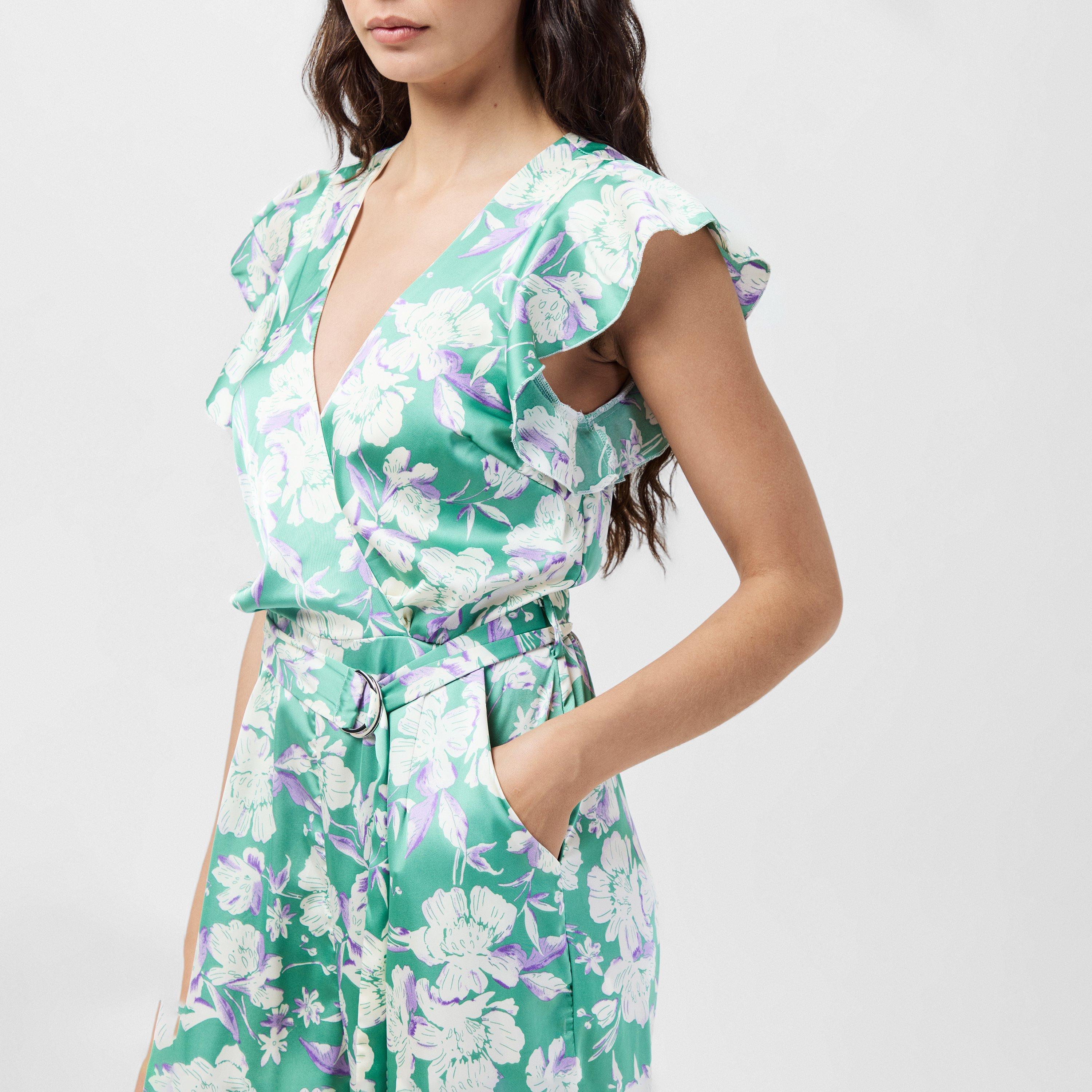 Green - AX Paris - Green Printed Wrap Front Frill Sleeve Belted Jumpsuit - 4