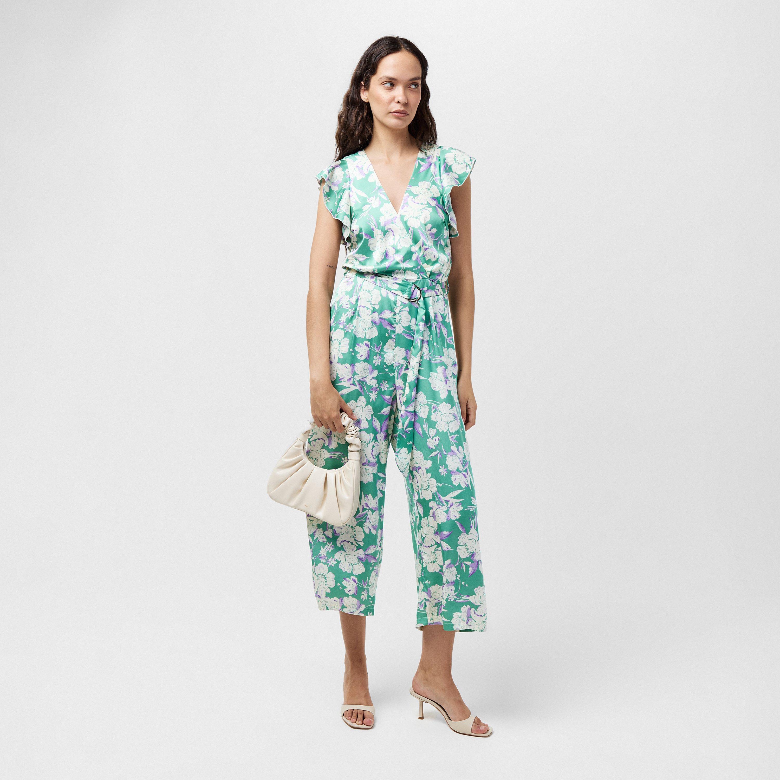 Green - AX Paris - Green Printed Wrap Front Frill Sleeve Belted Jumpsuit - 5