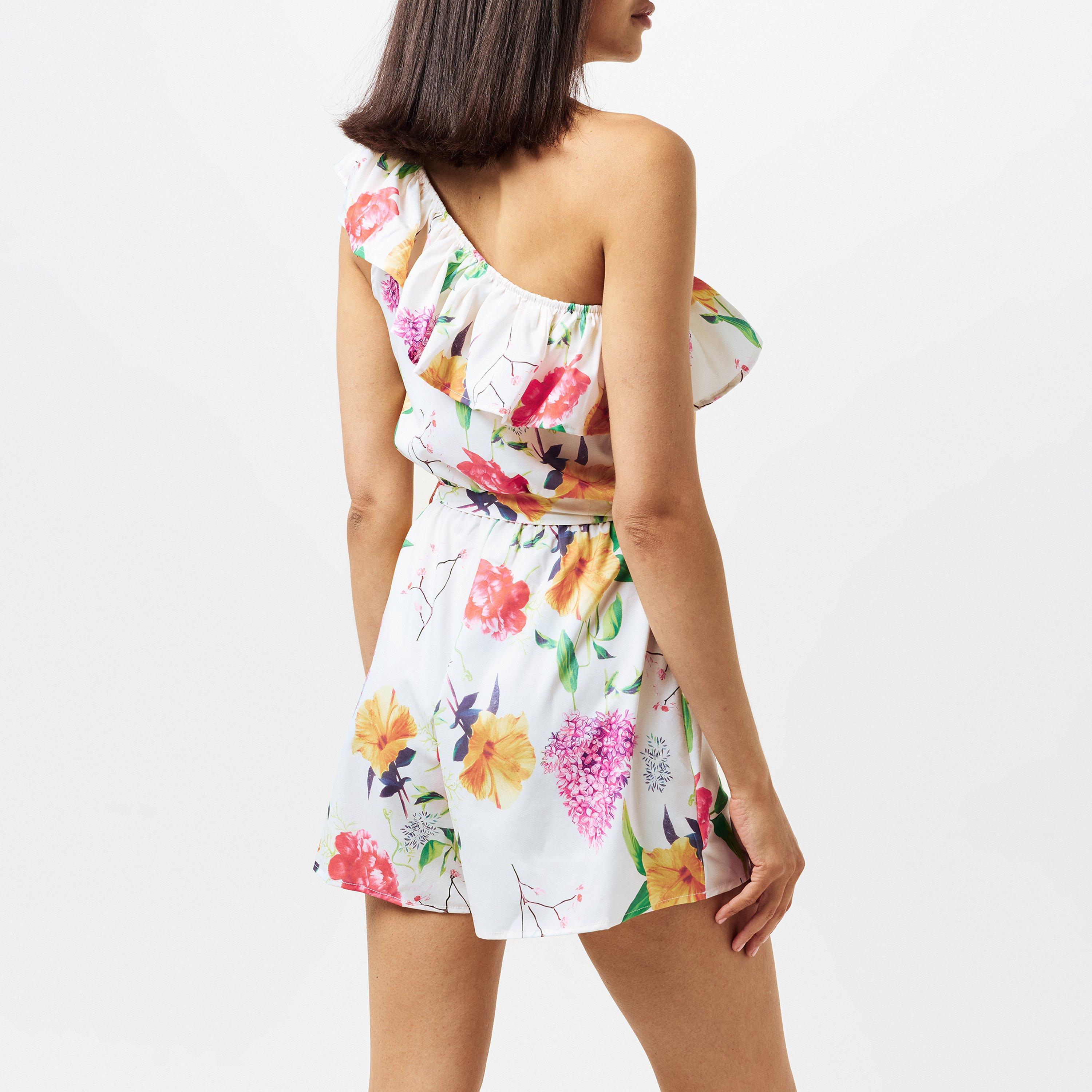 Cream - AX Paris - Cream Floral Printed One Shoulder Tie Waist Playsuit - 3