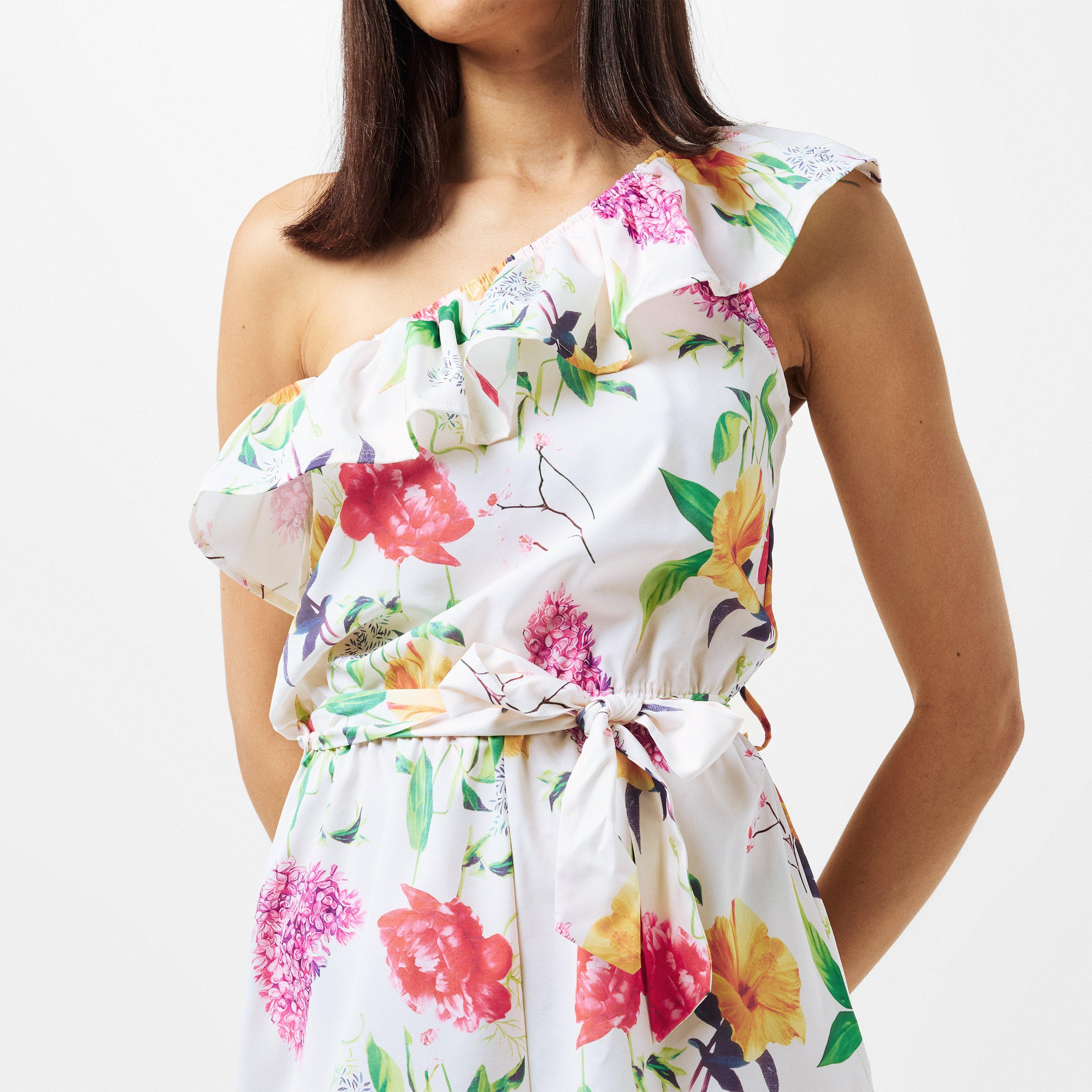 Cream - AX Paris - Cream Floral Printed One Shoulder Tie Waist Playsuit - 4