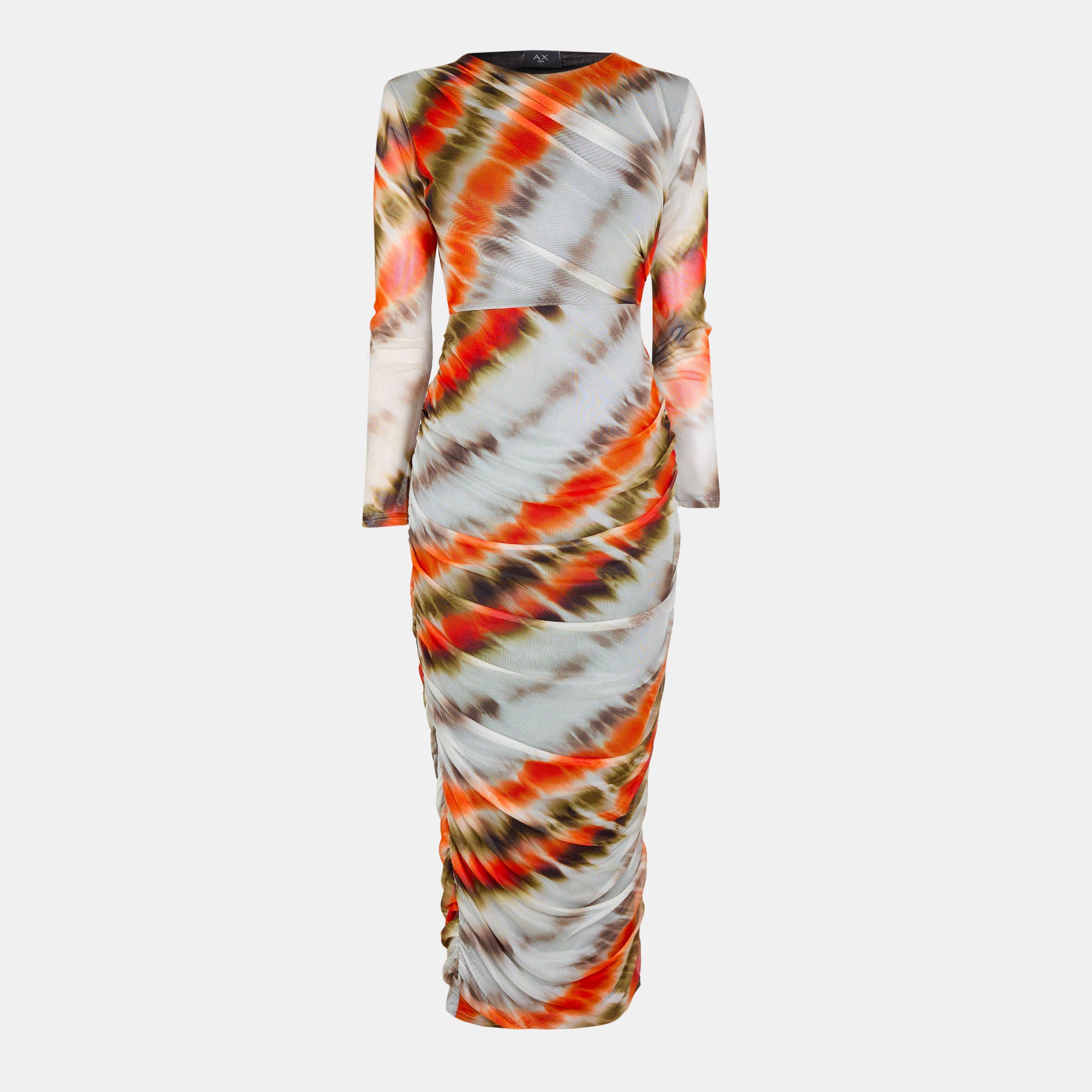 Cream - AX Paris - Cream And Orange Abstract Print Mesh Long Sleeve Bodycon Midi Dress - 1