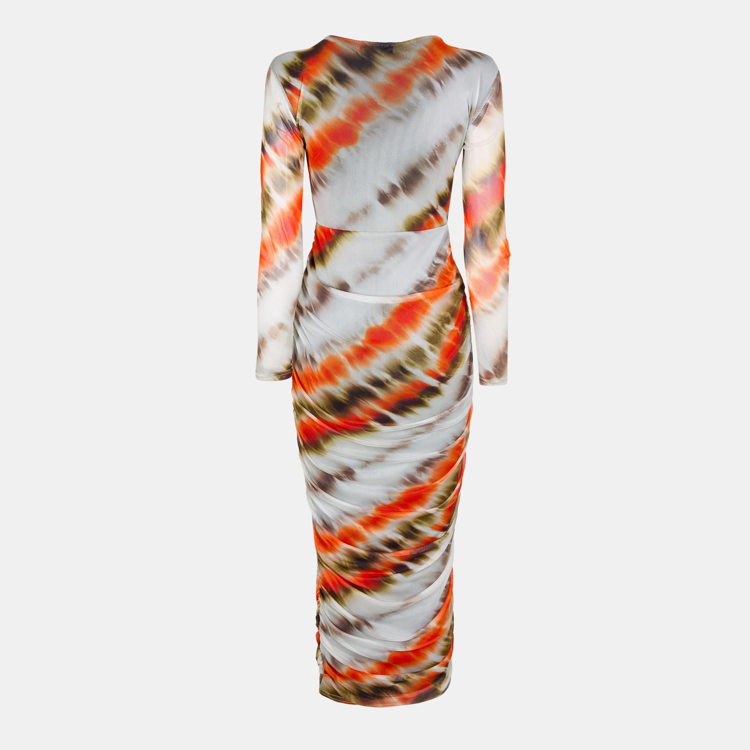 Cream - AX Paris - Cream And Orange Abstract Print Mesh Long Sleeve Bodycon Midi Dress - 2