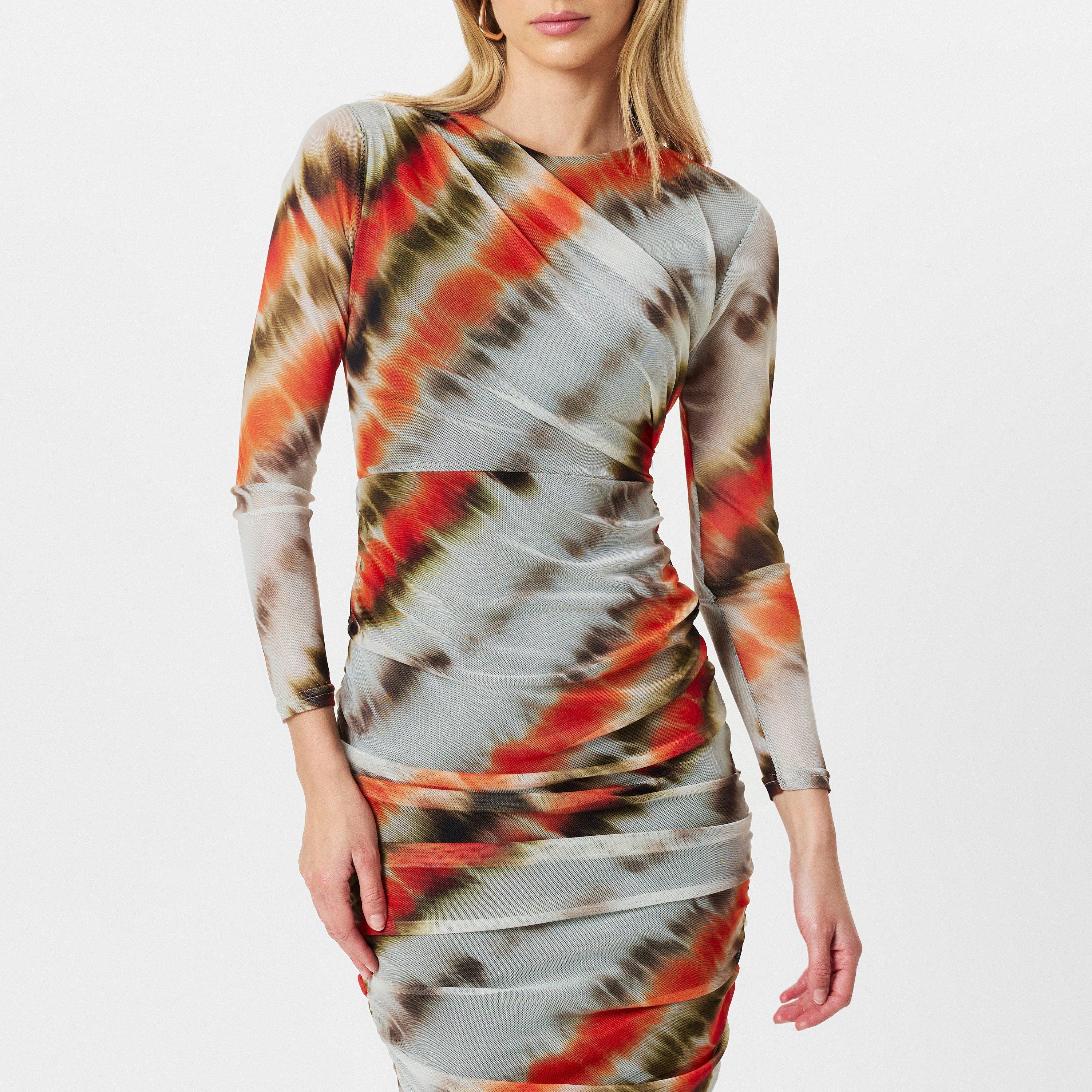 Cream - AX Paris - Cream And Orange Abstract Print Mesh Long Sleeve Bodycon Midi Dress - 3