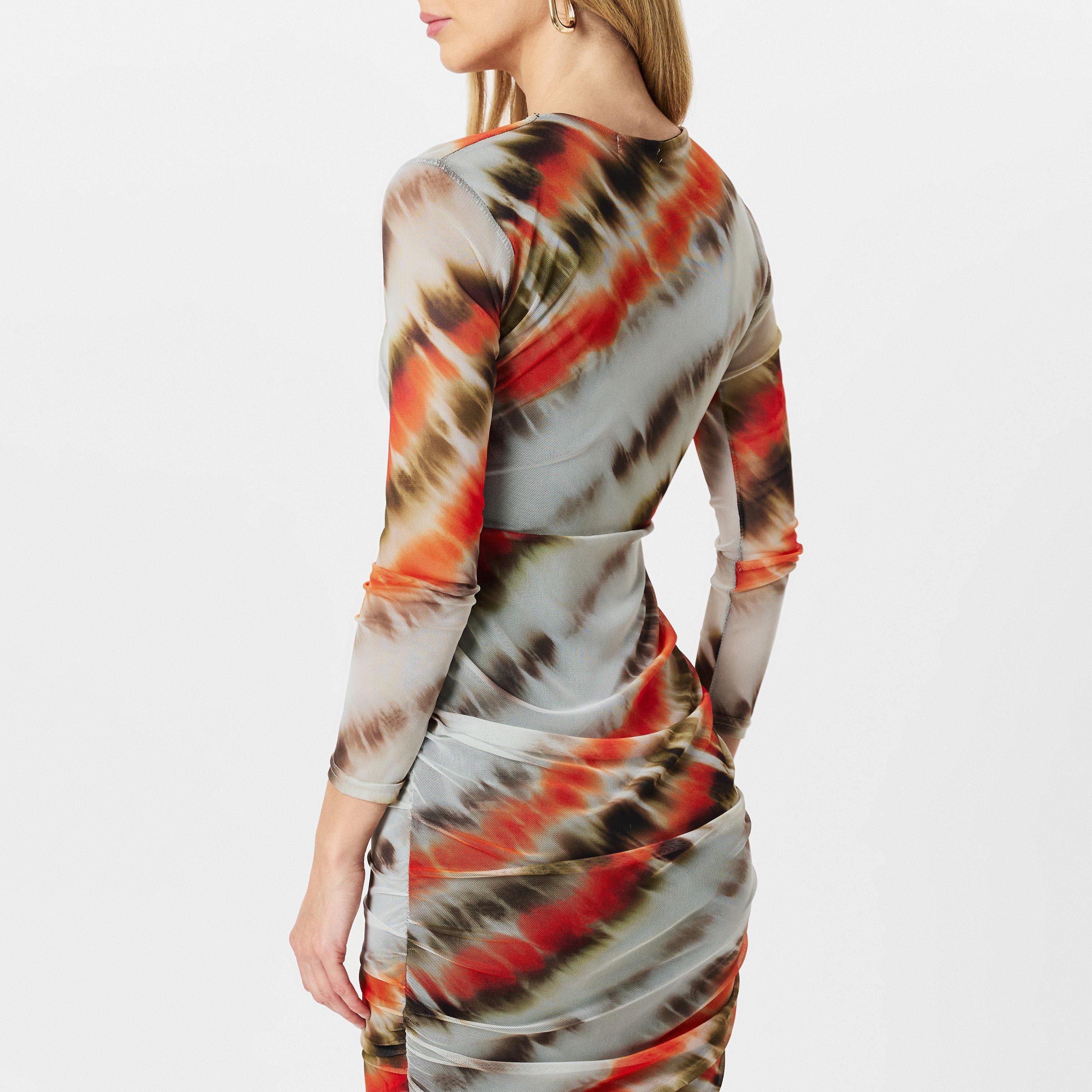 Cream - AX Paris - Cream And Orange Abstract Print Mesh Long Sleeve Bodycon Midi Dress - 4