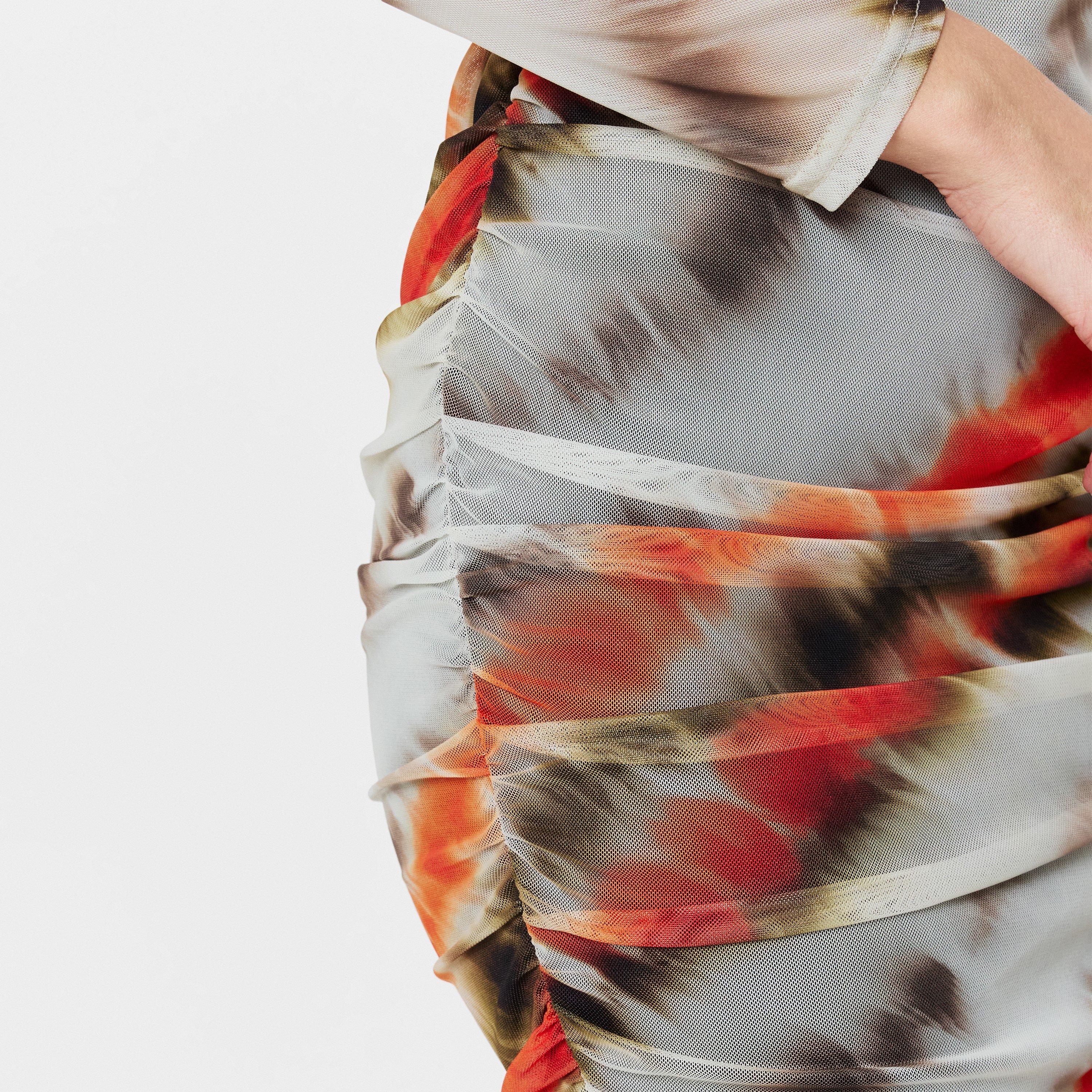 Cream - AX Paris - Cream And Orange Abstract Print Mesh Long Sleeve Bodycon Midi Dress - 5