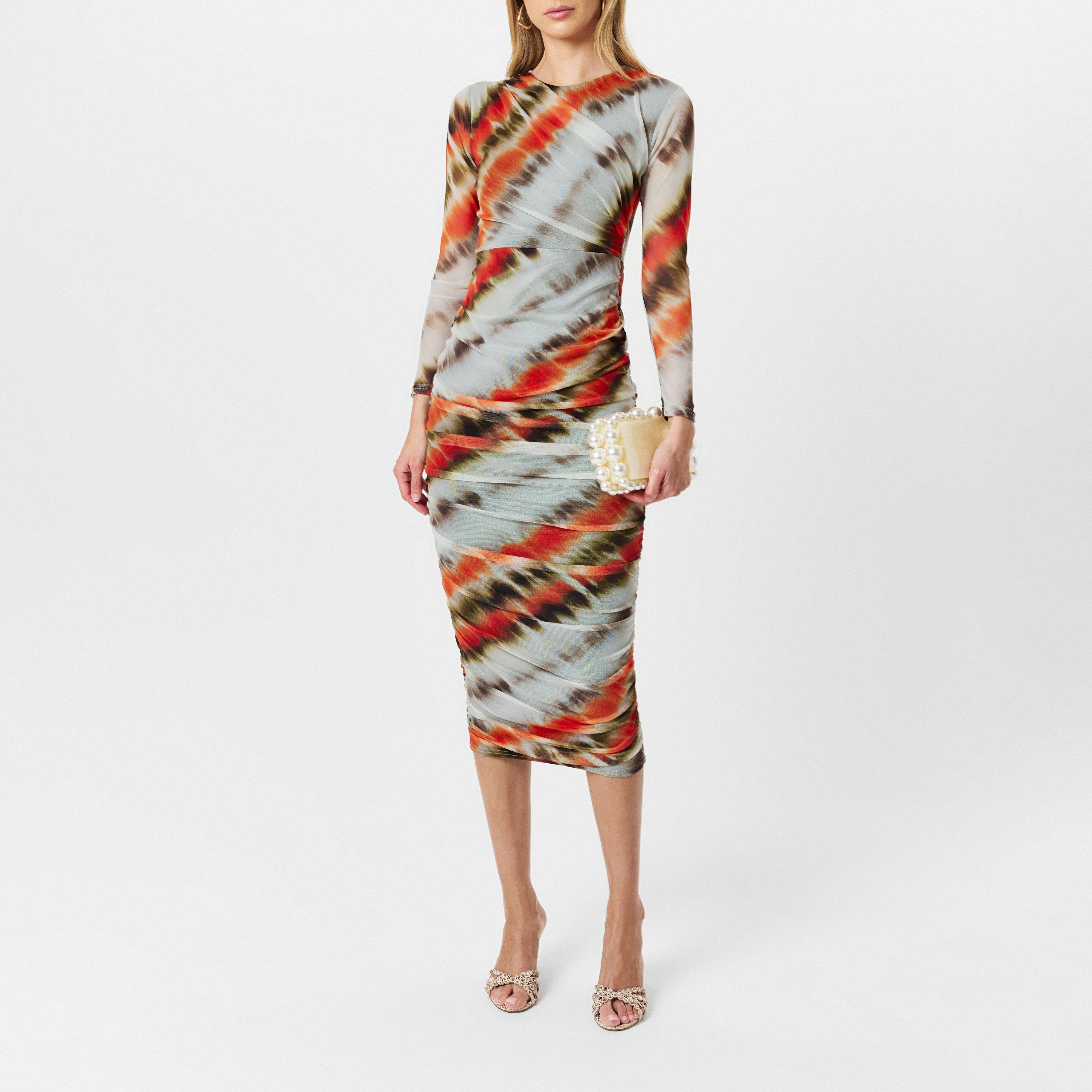 Cream - AX Paris - Cream And Orange Abstract Print Mesh Long Sleeve Bodycon Midi Dress - 6