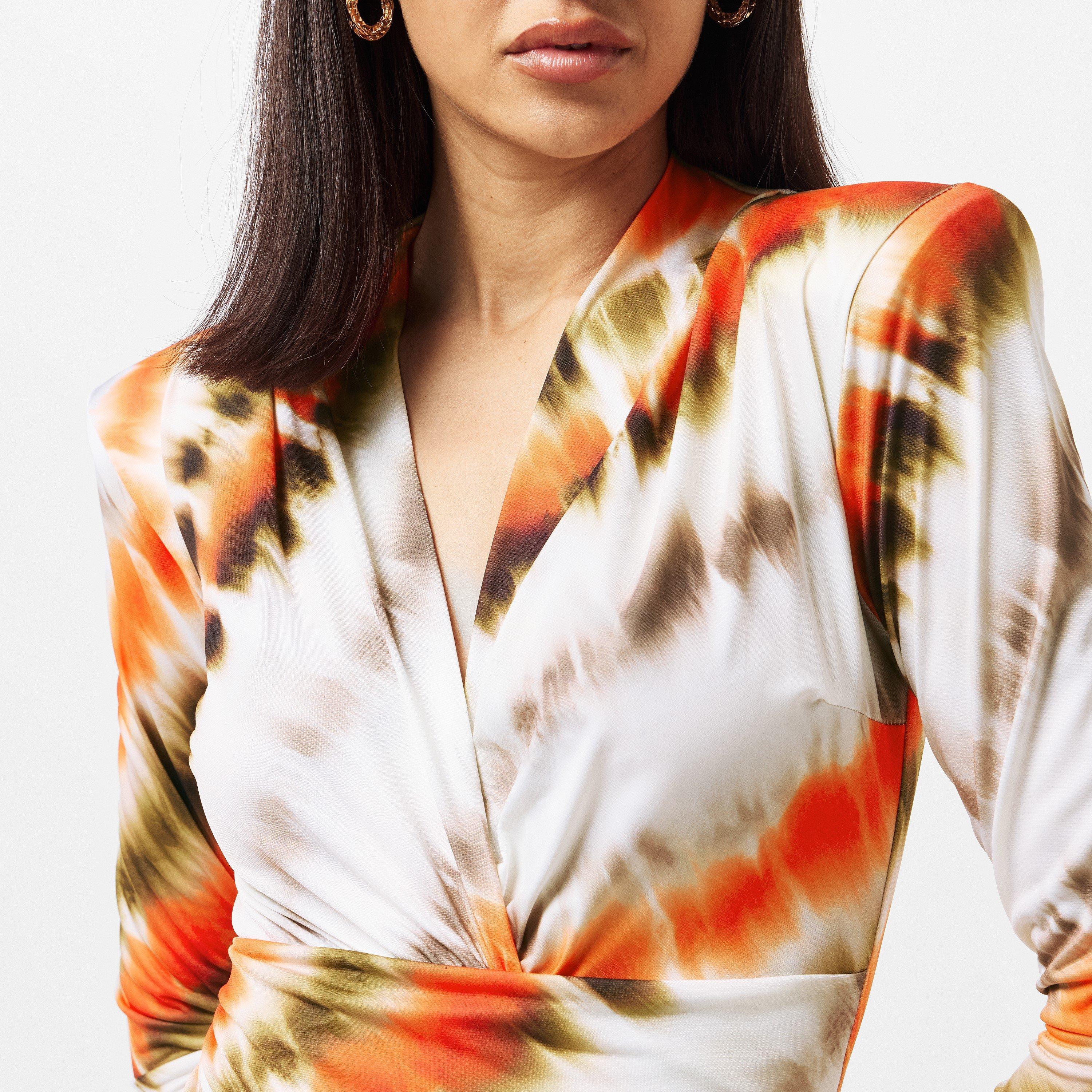 Cream - AX Paris - Cream And Orange Abstract Print Long Sleeve Wrap Midi Dress - 4