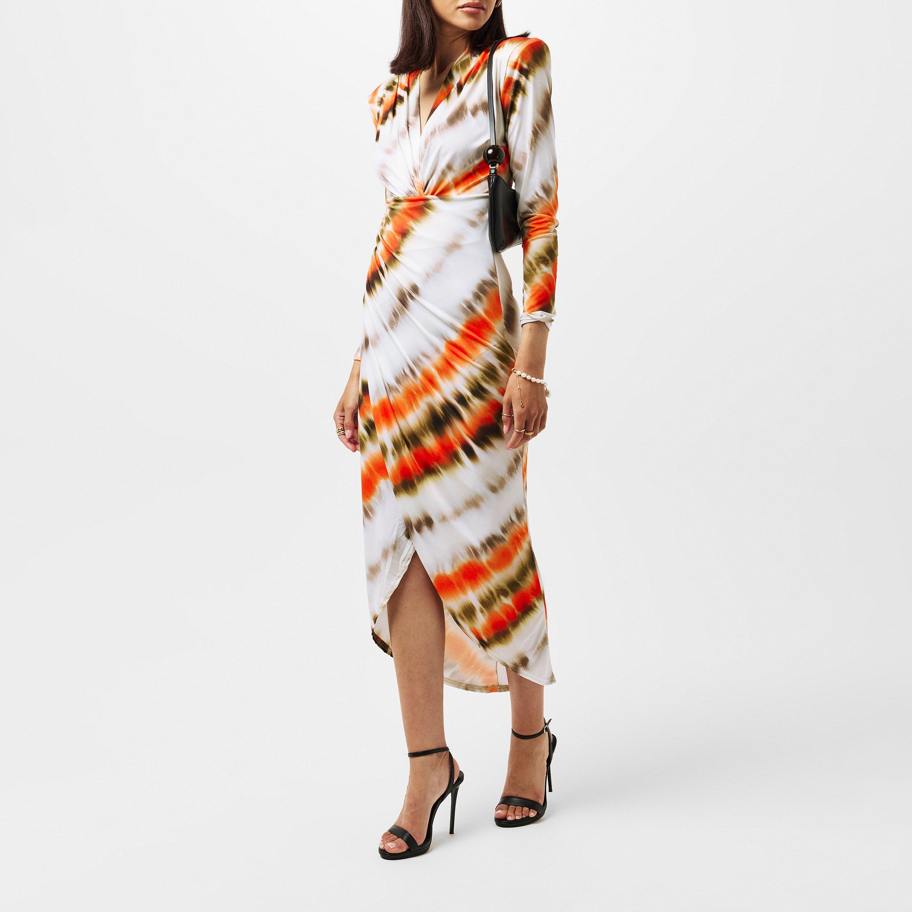 Cream - AX Paris - Cream And Orange Abstract Print Long Sleeve Wrap Midi Dress - 5