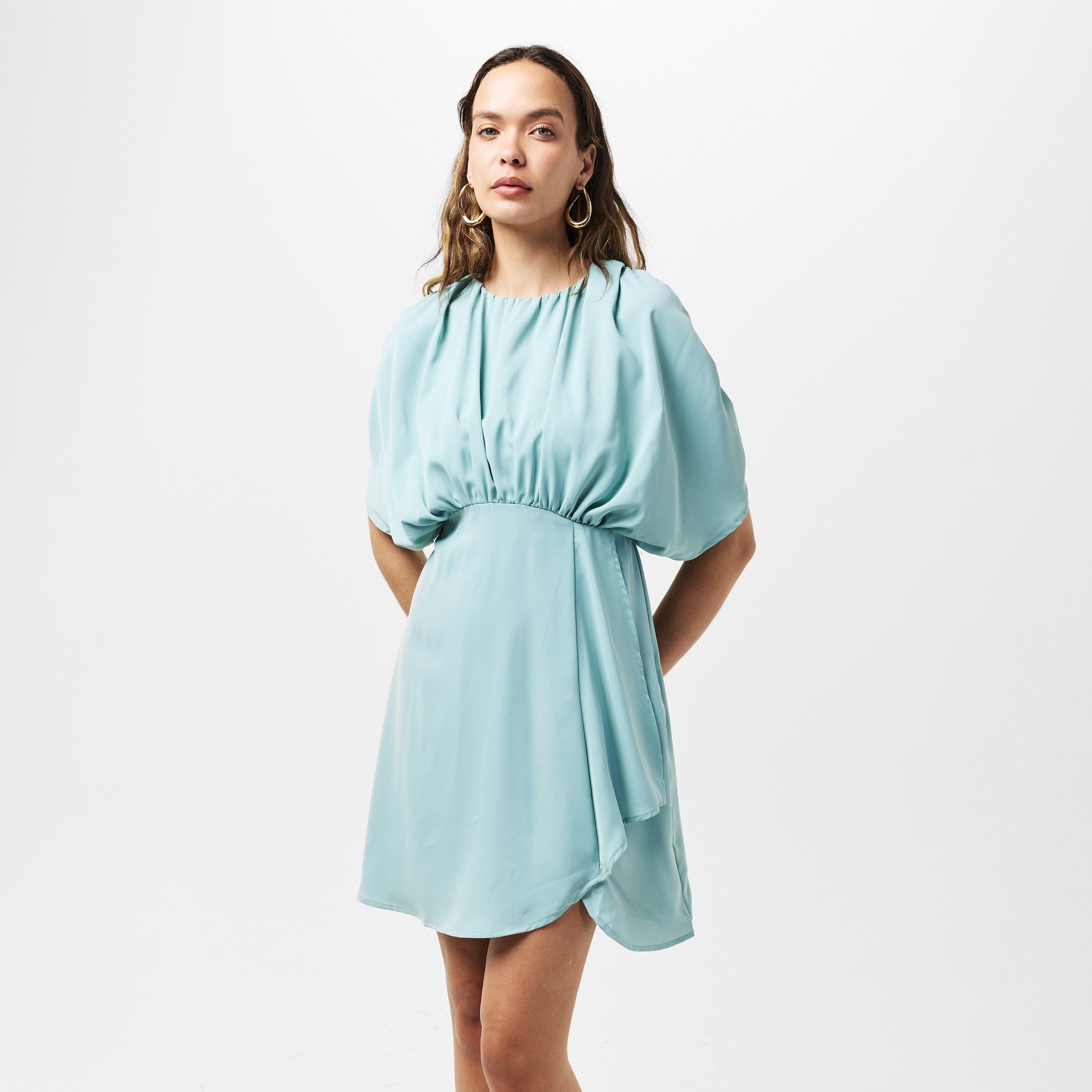 Blue - AX Paris - Duck Egg Batwing Gathered Top Mini Dress - 3