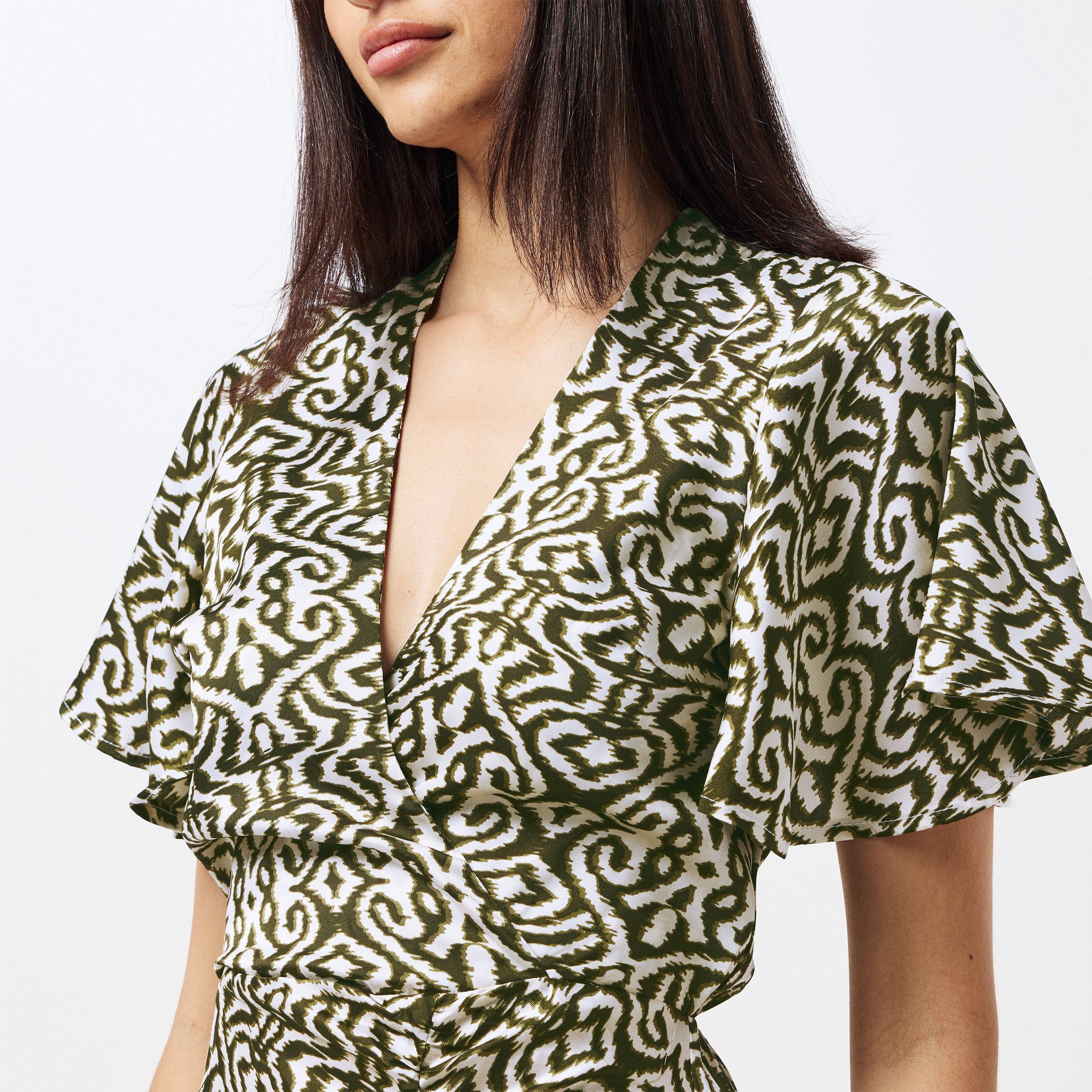 Green - AX Paris - Khaki Printed Bell Sleeve Midi Dress - 4