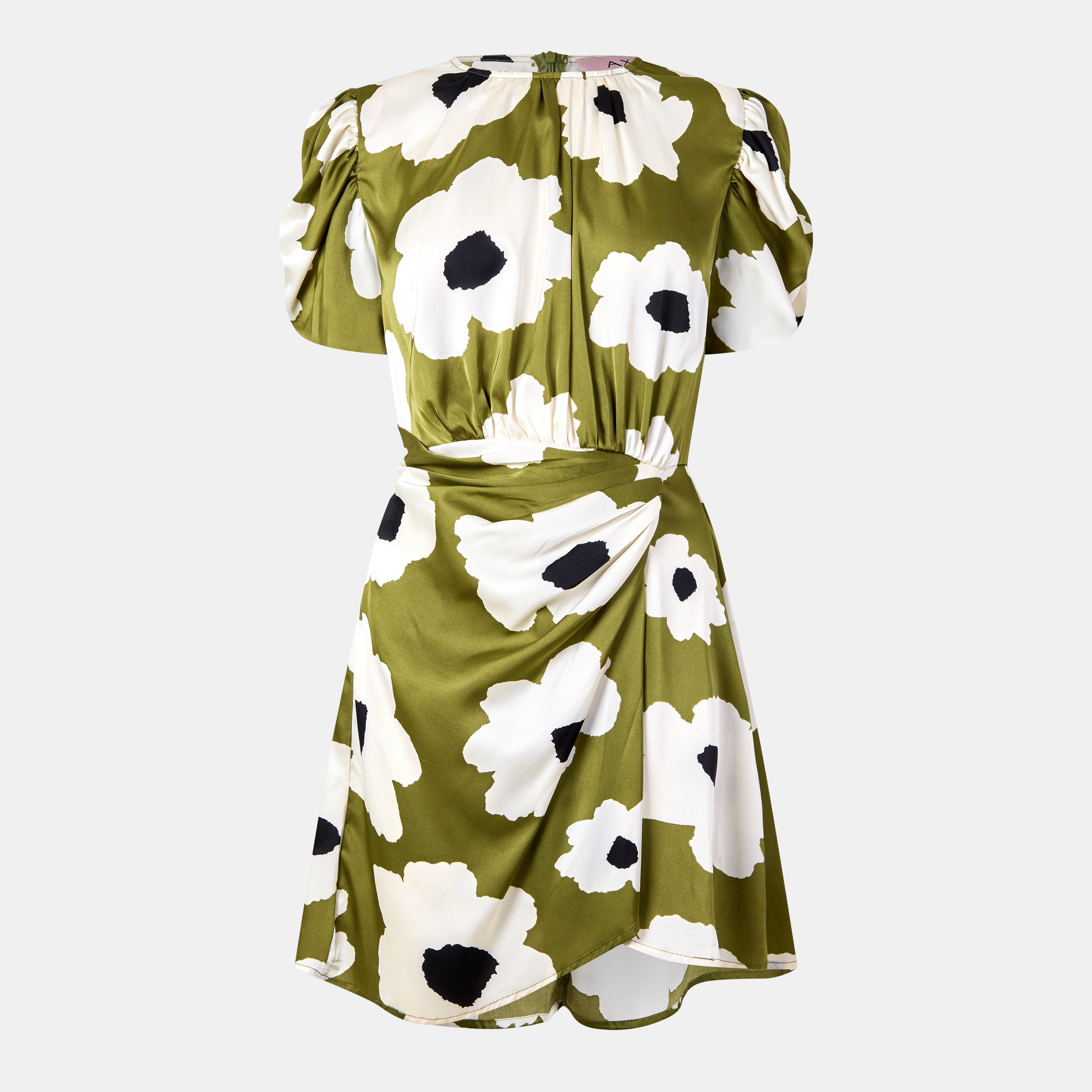 Green - AX Paris - Olive Floral Printed Short Puff Sleeve Gathered Side Mini Dress - 1