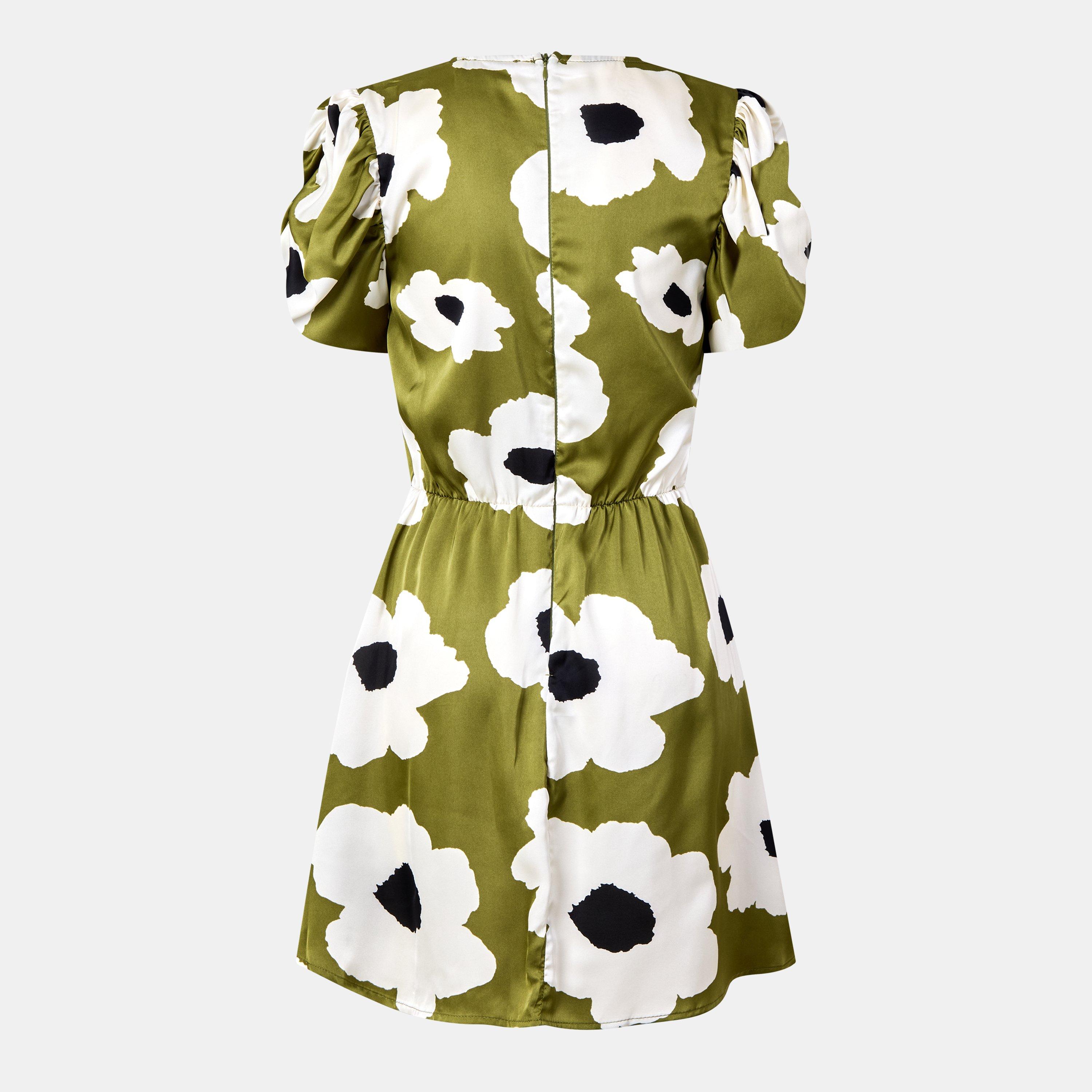 Green - AX Paris - Olive Floral Printed Short Puff Sleeve Gathered Side Mini Dress - 2