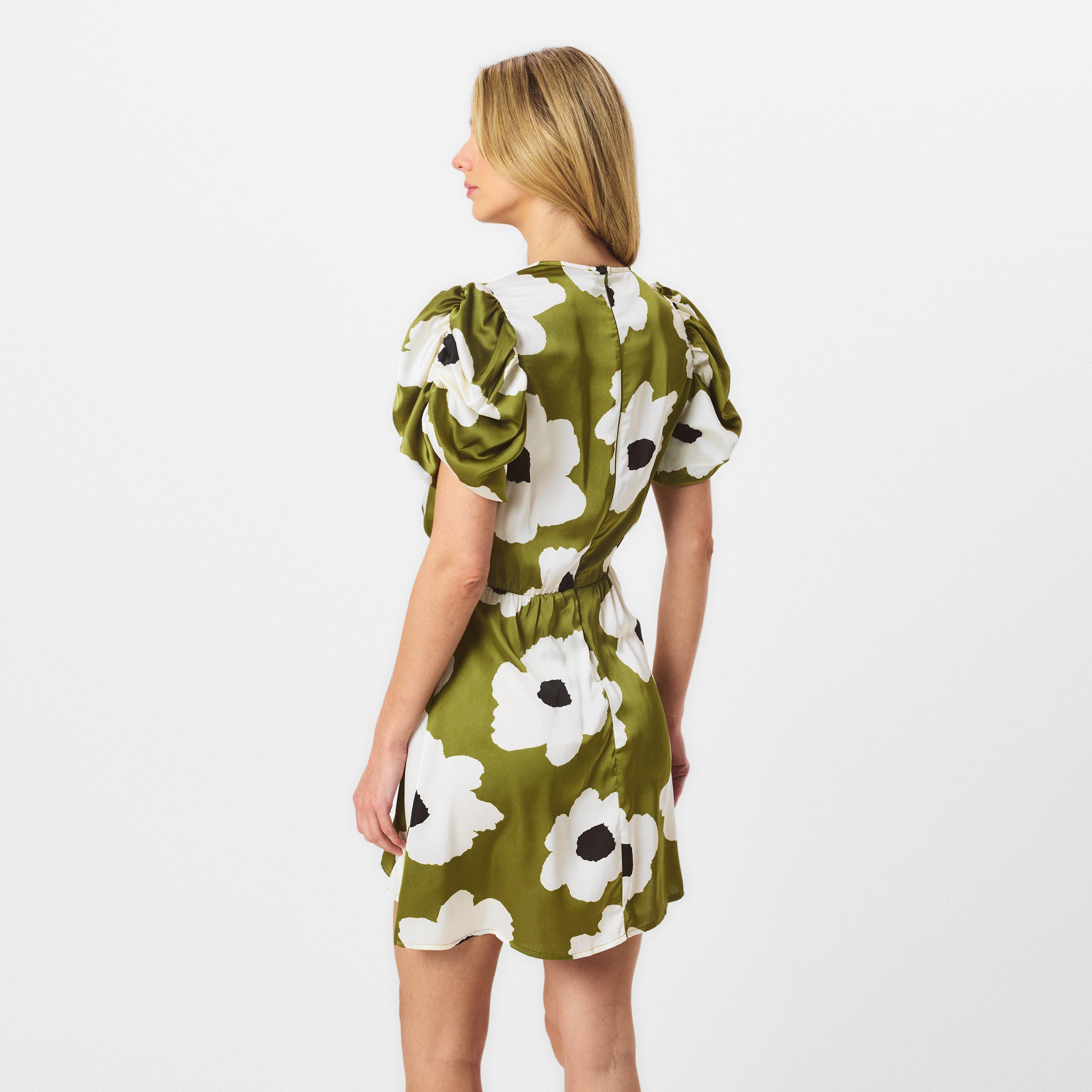 Green - AX Paris - Olive Floral Printed Short Puff Sleeve Gathered Side Mini Dress - 4