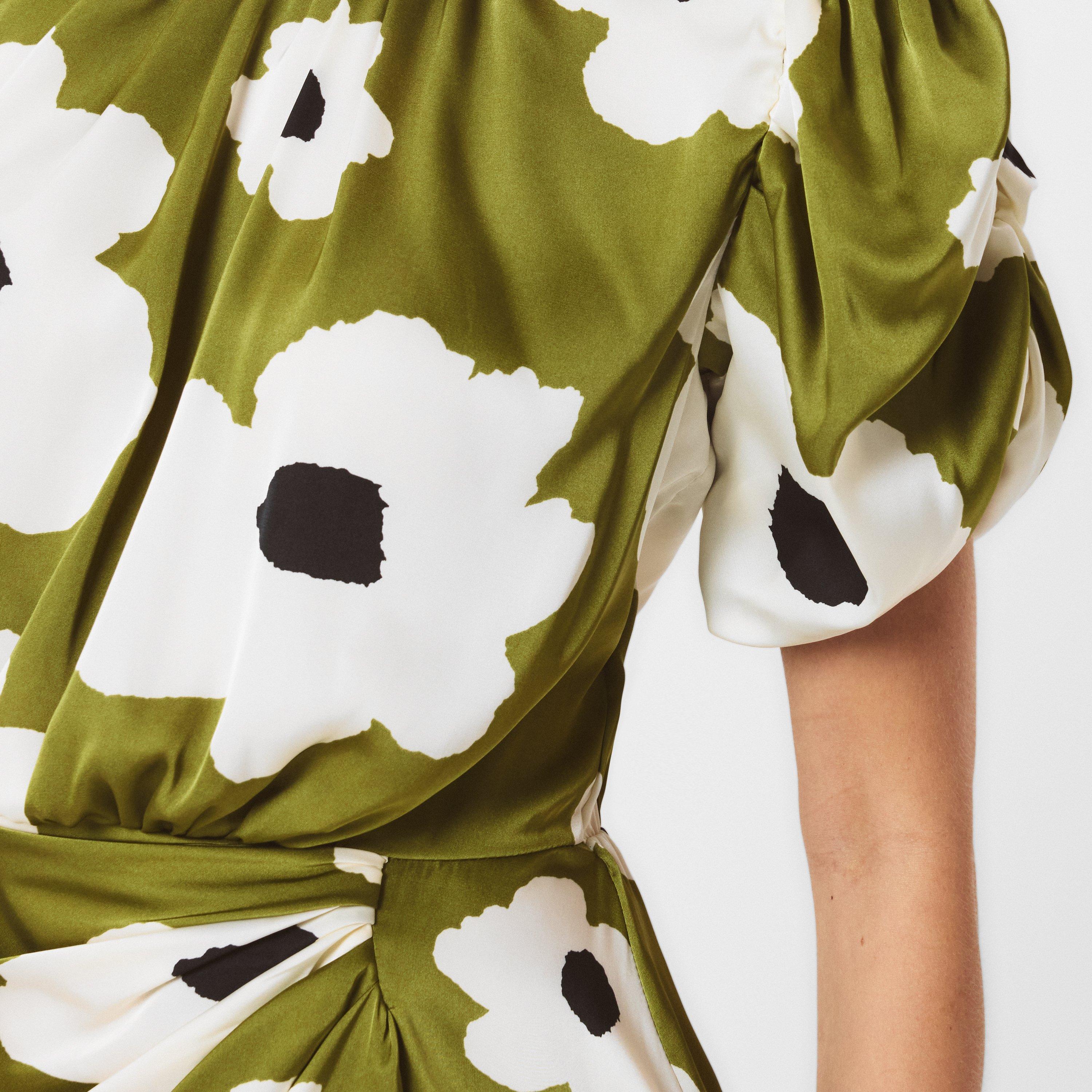 Green - AX Paris - Olive Floral Printed Short Puff Sleeve Gathered Side Mini Dress - 5