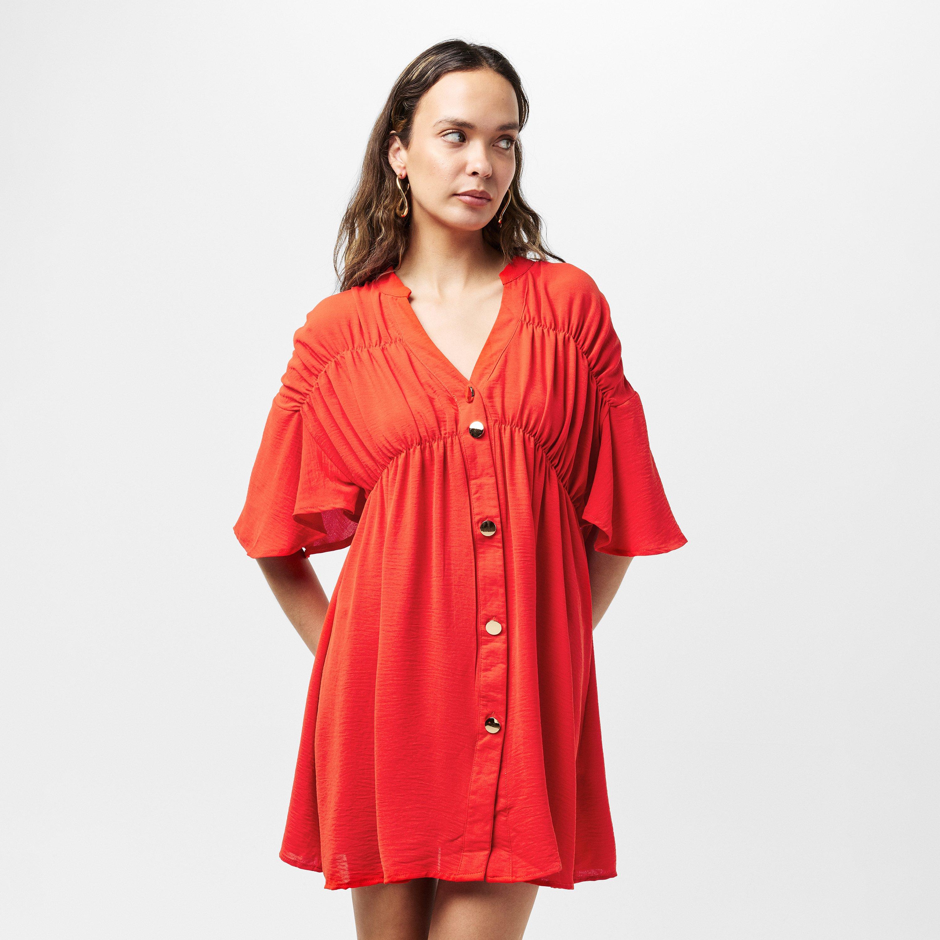 Orange - AX Paris - Burnt Orange Button Up Ruched Detail Smock Dress - 3