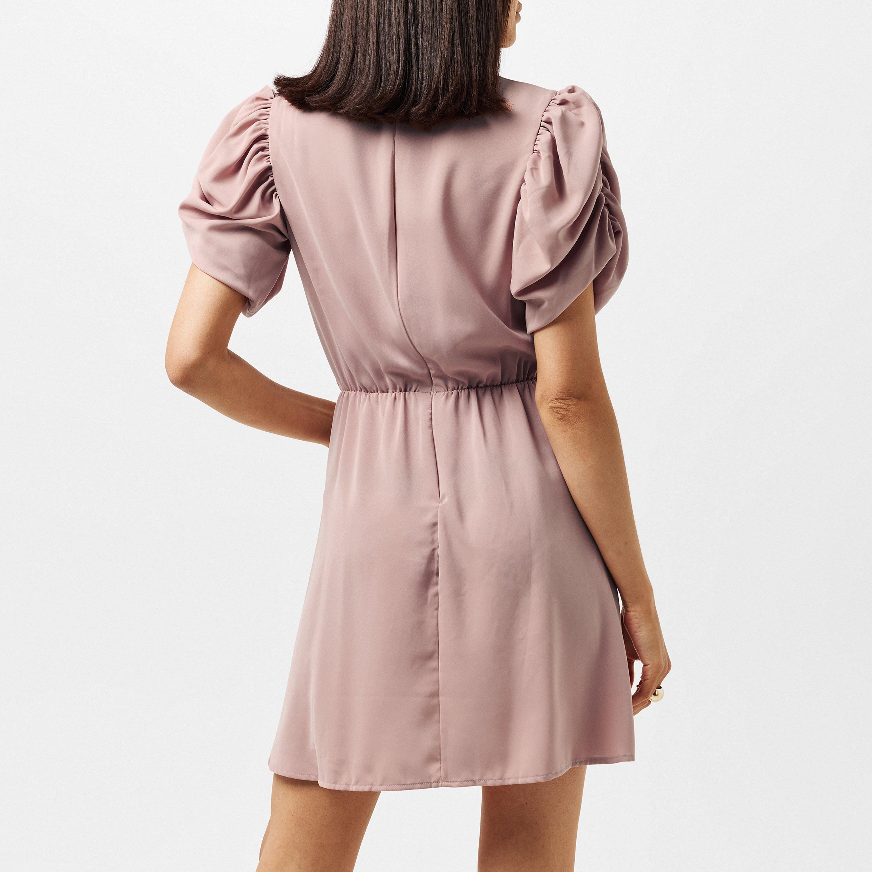 Nude - AX Paris - Blush Short Puff Sleeve Drape Skirt Mini Dress - 3